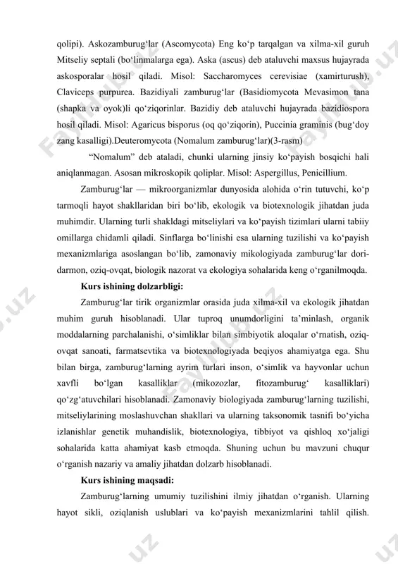 ariga asoslangan bo‘lib, zamonaviy mikologiyada zamburug‘lar dori-darmon, oziq-ovqat, biologik nazorat va ekologiya sohalarida keng o‘rganilmoqda. kurs ishining dolzarbligi: zamburug‘lar tirik organizmlar orasida juda xilma-xil va ekologik jihatdan muhim guruh hisoblanadi. ular tuproq unumdorligini ta’minlash, organik moddalarning parchalanishi, o‘simliklar bilan simbiyotik aloqalar o‘rnatish, oziq-ovqat sanoati, farmatsevtika va biotexnologiyada beqiyos ahamiyatga ega. shu bilan birga, zamburug‘larning ayrim turlari inson, o‘simlik va hayvonlar uchun xavfli bo‘lgan kasalliklar (mikozozlar, fitozamburug‘ kasalliklari) qo‘zg‘atuvchilari hisoblanadi. zamonaviy biologiyada zamburug‘larning tuzilishi, mitseliylarining moslashuvchan shakllari va ularning taksonomik tasnifi bo‘yicha izlanishlar genetik muhandislik, biotexnologiya, tibbiyot va qishloq xo‘jaligi sohalarida katta ahamiyat kasb etmoqda. shuning uchun bu mavzuni chuqur o‘rganish nazariy va amaliy jihatdan dolzarb hisoblanadi. kurs ishining maqsadi: zamburug‘larning umumiy tuzilishini ilmiy jihatdan o‘rganish. ularning hayot sikli, oziqlanish uslublari va ko‘payish mexanizmlarini tahlil qilish. mitseliylarning shakl o‘zgargan holatlarini aniqlash va ularning ekologik ahamiyatini yoritish. zamburug‘larning sinflarga bo‘linishini sistematik tahlil qilish orqali biologik xilma-xillikni tushuntirish. kurs ishining vazifasi: zamburug‘larning morfologik …