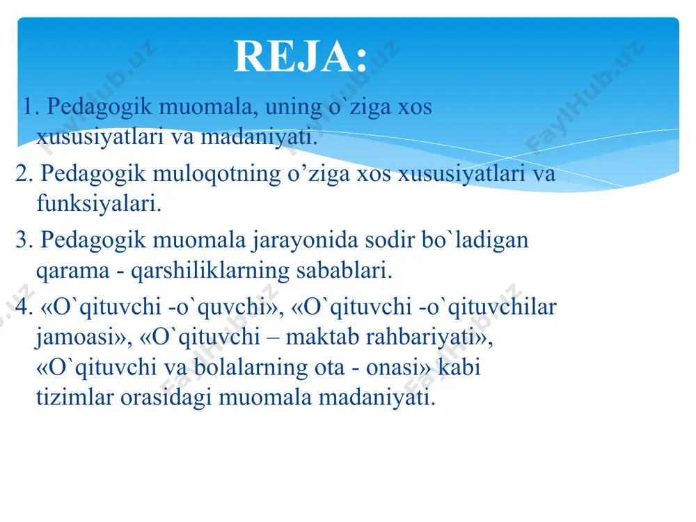 fikr almashuv ma’nosini bildiradi hamda ikki, undan ortiq kishilarning so’zlashuvida paydo bo’ladi muloqot o’qituvchining pedagogik faoliyatida eng muhim kasbiy qurol hisoblanadi, hamkorlik munosabatini shakillantiradi; muloqot jarayonida uning maqsadga muvofiq amalga oshirishni ta’minlash uchun ijtimoiy nazorat va ijtimoiy qonuniyatlar muhim ahamiyatga ega; munosabatning tarkibiy qismi hisoblanib, motivatsiyada motiv muhimligi kabi u ham muhim ahamiyat kasb etadi; o’qituvchining o’quvchilarga ta’sir o’tkazish asosida o’zaro munosabatni faol tashkil qilishi, muayyan bir maqsadni dastur asosida amalga oshirishning rejalashtirgan funksiyasini bajarishidir. pedagogik muloqot o’qituvchi va o’quvchilar jamoasining o’zaro ta’sir malakasi sifatida quyidagi xususiyatlarga ega. pedagogik muloqot – bu o’qituvchining o’quvchilar bilan darsda va darsdan tashqari faoliyatda o’zi uchun eng qulay bo’lgan psixologik muhitni vujudga keltirib, ijobiy ruhiy iqlimni yaratish uchun imkoniyat beruvchi kasbiy munosabatdir. o’zaro axborot almashishni yo’lga qo’yish; ta’lim-tarbiyaviy faoliyatni birgalikda tashkil etish; o’quvchilarni erkin fikr-mulohaza yuritishga o’rgatish; salbiy holatlarni sinf jamoasi bilan birgalikda bartaraf etish; do’stlar uchun qayg’urish va ularga yordam berishga erishish; o’zligini …