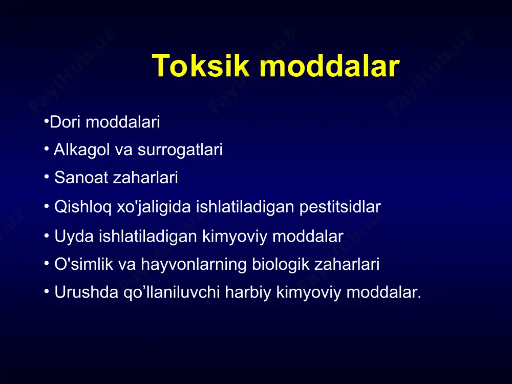 kozaning gipertonik eritmasini (10—20 %li) insulin bilan birga quyish; • siydik chiqishini jadallashtirish; • gipersalivatsiya va bronxoreyaning oldini olish maqsadida 0,1% li 1 ml atropin sulfat tomir ichiga yuboriladi; • vitaminoterapiya; * qustiruvchi vositalar — apomorfm teri ostiga yuboriladi. hushsiz, oriq va juda past qon bosimli bemorlarda apomorfin ishlatilmaydi. • ularda atsidoz rivojlanadi, shu sababli tomir ichiga 4 % li natriy gidrokarbonat eritmasi quyiladi yoki 2—7 g zond orqali suyultirilib yuboriladi; • bemor isitiladi; • bemorda qo'zg'alish kuzatilsa, barbituratlar va morfm kabi dori vositalari qo'llanilmaydi, chunki nafas markazini tormozlashi mumkin. bu droperidol va xloralgidrat qo'llaniladi; * qo’shimcha bemor ahvoliga qarab simptomatik davo choralari qo’llanilishi mumkin. barbituratlardan zahalanganda shty