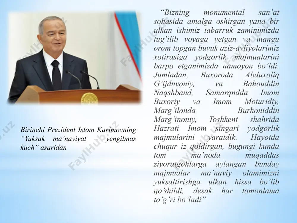 ar xotirasi maydoni (2001-yil) urganch shahridagi “avesto” bog’i (2001-yil) o‘zbekiston davlat konservotoriyasi binosi (2002-yil) turkiy adabiyot sultoni mir alisher navoiyning moskva(2003), tokio va boku (2008) shaharlaridagi haykallari muallif : ravshan mirtojiyev buyuk geograf va astronom ahmad al-farg’oniyga misr xalqining minnatdorchilik ramzi(2007-yil 17-aprel) muallif: ravshan mirtojiyev hazrati imom majmuasi (2007-yil) xalqaro anjumanlar saroyi (2009-yil) “ma’naviyat va ma’rifat saroyi (2011-yil)” minor jom’e masjidi (2014-yil) foydalanilgan adabiyotlar: “yuksak ma’naviyat – yengilmas kuch”-i.karimov mustaqillik davri o`zbek me`morchilik va monumental haykaltaroshlik san`ati image1.jpeg image2.jpeg image3.jpeg image4.jpeg image5.jpeg image6.jpeg image7.jpeg image8.jpeg image9.jpeg image10.jpeg image11.jpeg image12.jpeg image13.jpeg image14.png image15.jpeg image16.jpeg image17.jpeg image18.jpeg image19.jpeg image20.jpeg image21.jpeg image22.jpeg image23.jpeg image24.jpeg image25.jpeg image26.jpeg image27.jpeg image28.jpeg image29.jpeg /docprops/thumbnail.jpeg