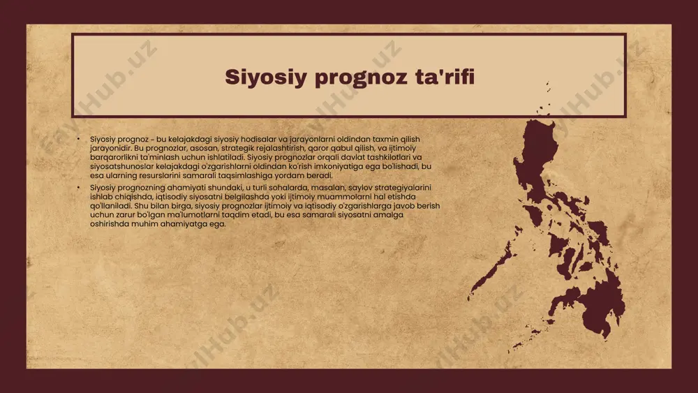 global muammolarni hal etishga qaratildi. sun'iy intellekt va katta ma'lumotlar yordamida prognozlarni aniqlashtirish imkoniyatlari paydo bo'ldi. siyosiy prognozlar turlarining taqqoslanishi afzalliklari siyosiy prognozlar turlari har biri o'ziga xos afzalliklarga ega. masalan, statistik prognozlar aniq ma'lumotlarga asoslangan bo'lib, kelajakdagi voqealarni aniq bashorat qilish imkonini beradi. ekspert baholashlari esa, inson tajribasidan foydalanib, noaniq vaziyatlarda ham aniq natijalar ko'rsatishi mumkin. boshqa bir tur, simulyatsiya prognozlari, turli ssenariylarni ko'rib chiqish orqali ehtimoliy natijalarni baholash imkoniyatini beradi. kamchiliklari biroq, har bir prognoz turi o'z kamchiliklariga ham ega. statistik prognozlar ko'pincha o'tgan voqealarga tayanadi va o'zgaruvchan sharoitlarda samarali bo'lmasligi mumkin. ekspert baholashlari esa subyektiv fikrlarni o'z ichiga olishi tufayli, natijalar noaniq bo'lishi mumkin. simulyatsiya prognozlari esa, murakkab vaziyatlar va ko'p o'zgaruvchilarni hisobga olishda qiyinchiliklarga duch kelishi mumkin. siyosiy prognozlarning ahamiyati siyosiy prognozlar jamiyat va davlat uchun muhim ahamiyatga ega. ular kelajakdagi vaziyatlarni aniqlash va rejalashtirishda yordam beradi, bu esa barqarorlikni ta'minlash va strategik qarorlar qabul qilish …