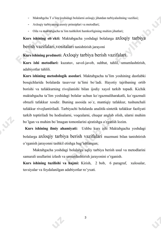 ishga bag’ishlangan; maktabgacha yoshdagi bolalarga aqliy tarbiya berish usul va metodlarini samarali usullarini izlash va umumlashtirish jarayonini o’rganish. kurs ishining tuzilishi va hajmi: kirish, 2 bob, 6 paragraf, xulosalar, tavsiyalar va foydalanilgan adabiyotlar ro’yxati. i bob maktabgacha yoshdagi bolalarga aqliy tarbiya berish mazmuni 1.1. maktabgacha yoshdagi bolalarga aqliy tarbiyaning asosiy vazifasi yosh avlodni har tamonlama yetuk shaxs qilib tarbiyalash jamiyat ehtiyojlaridan kelib chiqadigan obʼektiv zaruratdir. аqliy tarbiya ijtimoiy tarbiyaning eng muhim jihatlaridan biri. аqliy tarbiya bu aqlni rivojlantirish maqsadida yosh avlodga muntazam va maqsad asosida pedagogik taʼsir koʼrsatishdir. demak, aql keng maʼnoda sezish va idrok etishdan boshlab to tafakkur va xayolni oʼz ichiga oladigan bilish jarayonlari yigʼindisi boʼlib, u yosh avlodning insoniyat toʼplagan bilimlar, koʼnikma va malakalar, meʼyorlar, qoidalar va boshqalarda roʼy beradi. bu holat kattalar tomonidan amalga oshiriladi va bolalarning aqliy rivojlanishi ni taʼminlovchi xilma-xil vositalar, metodlarni, kerakli shart-sharoitlarni yaratishni oʼz ichiga oladi. maktabgacha tarbiya yoshidagi bolalarni aqliy tarbiyalash …