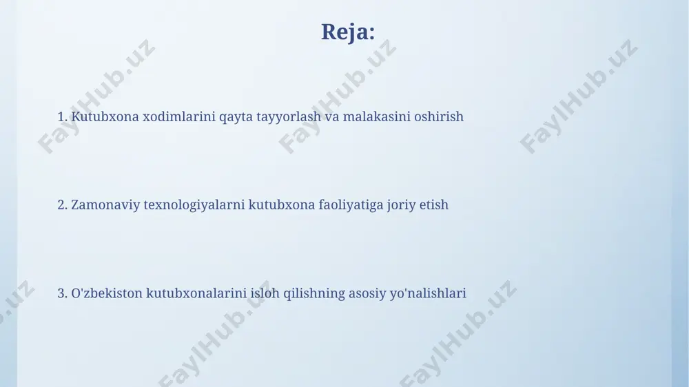 urslari, jumladan, raqamli texnologiyalar va kutubxona menejmenti bo'yicha o'qitishni o'z ichiga olgan dasturlar joriy etildi. bolalar va o'smirlar uchun maxsus dasturlar bolalar uchun maxsus kitob tanlovlari soni 2023-yilda 30% ga oshdi, ya'ni maktablardan tashqari o'qishni rag'batlantirish dasturlari doirasida 5000 dan ortiq yangi nom qo'shildi. o'smirlarga mo'ljallangan interaktiv dasturlar soni 15 ga yetdi, ular orasida onlayn o'quv resurslari va virtual kutubxona tizimlari mavjud bo'lib, foydalanuvchilar soni 10 mingdan oshdi. kutubxona qonunchiligini takomillashtirish kutubxona xodimlarini qayta tayyorlash va malakasini oshirish bo'yicha dasturlar soni 2024-yilga kelib 30% ga oshiriladi, bu esa professional standartlarni va xizmat ko'rsatish sifatini yaxshilashga yo'naltirilgan. milliy kutubxona tizimini modernizatsiya qilish bo'yicha qonunchilik doirasida 10 ga yaqin loyiha amalga oshirilmoqda, bu esa kutubxonalarning texnologik jihatdan jihozlanishi va xizmatlar sifatini yaxshilashga qaratilgan. o'zbekiston kutubxonalarini isloh qilishning asosiy yo'nalishlari davlat kutubxona tizimini modernizatsiya qilish doirasida 2025-yilga qadar 300 dan ortiq yangi kutubxona binolari quriladi va rekonstruktsiya qilinadi, shu bilan birga, ochiq kirish …