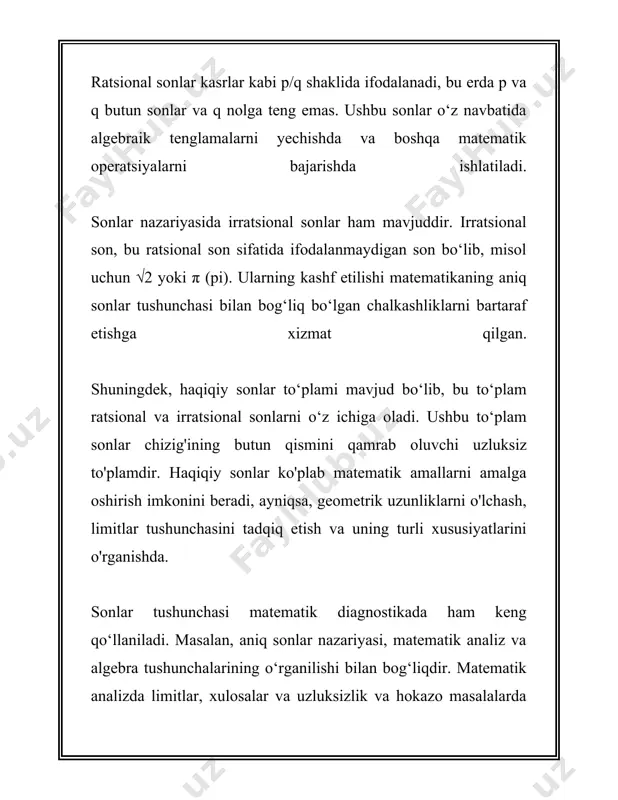 b atash odat tusiga kirgan. ammo, an'anaviy hozirgi matematikada tabiiy sonlar qatori 0 dan boshlanmasdan, faqat musbat sonlardan iboratdir. tabiiy sonlar bilan ishlashda sonlarning arifmetik xususiyatlari, masalalarni echishda turli xil yondashuvlar va algoritmlar juda muhimdir. tabiiy sonlar qatori orqali matematikada ko‘plab turlarga mansub masalalarni yechish mumkin bo‘ladi, masalan, raqamlar nazariyasi, algebraik strukturaviy o‘rganishlar va boshqalar. 3. sonlar va sanash tizimlari sonlar va sanash tizimlari haqida ma'lumot berishdan avval, sonlar va sanash tizimlarining ta'riflarini tushunish kerak. sonlar matematikada asosiy tushunchalardan biri bo'lib, ular miqdorlarni ifodalash va hisoblash uchun ishlatiladi. sonlar ko'pligi va ularning o'ziga xos sanash tizimlari orqali turli miqdor va kattaliklarni aniqlash imkoniyatini beradi. sanash tizimi sonlarni ifodalash va yozib olish usulidir. turli madaniyatlar va davrlarda turli xil sanash tizimlari rivojlangan. eng keng tarqalgan sanash tizimlari o'nli (decimal), ikkilik (binary), sakkizlik (octal), va o'n oltilik (hexadecimal) sanash tizimlaridir. o'nli sanash tizimi - bu eng keng tarqalgan va kundalik hayotda qo'llaniladigan …