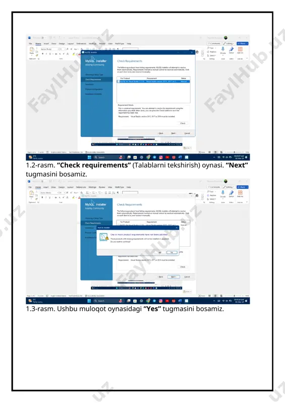 shuning uchun uni yopamiz. 1.27-rasm. “mysql 8.0 command line client” deb nomlanuvchi oynani ochib olamiz. 1.28-rasm. “mysql 8.0 command line client” oynasi ochildi. endi biz parolimizni kiritamiz va enter tugmasini bosamiz. 1.29-rasm. “mysql 8.0 command line client” oynasi. parolimizni kiritib, enter tugmasini bosdik, endi biz mysqldan bemalol foydalana olamiz. xulosa mysql ma'lumotlar bazasi boshqaruv tizimini o'rnatish va undan foydalanish dasturchilar va ma'lumotlar bazasi administratorlari uchun muhim qadamdir. mysqlning o'rnatilishi oddiy va intuitiv jarayon bo'lib, u ko'plab operatsion tizimlarda ishlaydi. bu tizim kuchli, tezkor va ishonchli bo'lib, kichik loyihalardan tortib korporativ darajadagi loyihalargacha keng foydalaniladi. mysqlni muvaffaqiyatli o'rnatishdan so'ng foydalanuvchilar undan rivojlangan ma'lumotlar bazasi ilovalarini yaratishda foydalanishlari mumkin. bu texnologiya dasturlarni tezkor rivojlantirish uchun asosiy vositalardan biri bo'lib xizmat qiladi. tizimni to'g'ri o'rnatish va sozlash kelgusida barqaror va xavfsiz ishlash uchun asos yaratadi. shuningdek, foydalanuvchilar ma'lumotlar xavfsizligini ta'minlash uchun mysql-ning autentifikatsiya va foydalanuvchi huquqlarini boshqarish mexanizmlaridan foydalanishlari zarur. foydalanilgan adabiyotlar 1. …