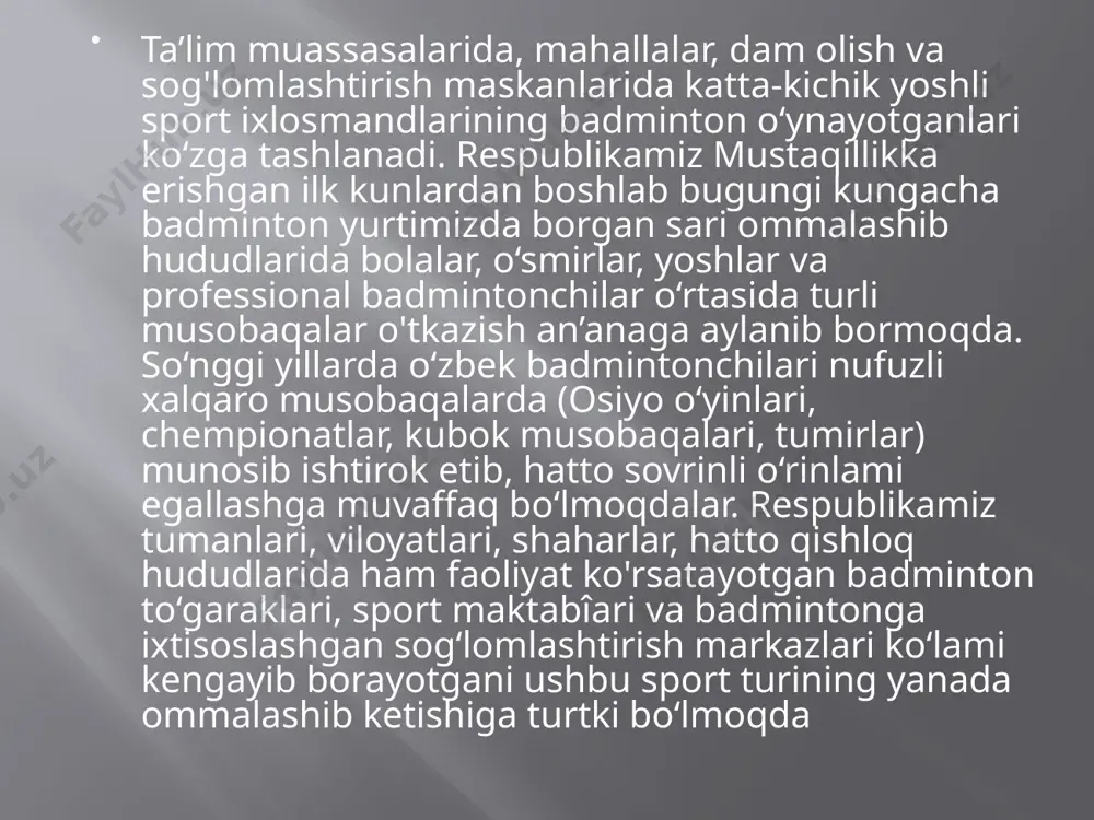 gan malakali trenerlarni tayyorlash, qayta tayyorlash, ularni ilmiy-metodik jihatdan ta'minlash; aholining keng qatlamlari o‘rtasida badminton bo‘yicha ommaviy sog‘lomlashtirish ishlarini rivojlantirish, musobaqalarni o‘tkazish, iqtidorli sportchilarni aniqlash, qo‘llab-quvvatlash va maqsadli tayyorlash; o‘zbekistonda badminton sport turini yanada rivojlantirish maqsadida ushbu sport turi bo‘yicha yuqori natijalarga erishgan mamlakatlar tajribasini o‘rganish, zarur hollarda xorijiy trenerlar va mutaxassislarni jalb qilish; ommaviy axborot vositalari, shu jumladan, elektron va internet jahon axborot tarmog‘i orqali aholi o‘rtasida badminton sport turining sog‘lom turmush tarziga ijobiy ta'sir etuvchi vosita ekanligini targ‘ib qilish ishlarini tashkil etish. ommaviy axborot vositalari, shu jumladan, elektron va internet jahon axborot tarmog‘i orqali aholi o‘rtasida badminton sport turining sog‘lom turmush tarziga ijobiy ta'sir etuvchi vosita ekanligini targ‘ib qilish ishlarini tashkil etish. dasturda nazarda tutilgan tadbirlarni o‘z vaqtida va sifatli amalga oshirishda tegishli vazirliklar va idoralar rahbarlari, qoraqalpog‘iston respublikasi vazirlar kengashi raisi, viloyatlar va toshkent shahar hokimlarining shaxsiy mas'uliyati belgilab qo‘yildi. jismoniy tarbiya va sport vazirligi badminton federatsiyasi …