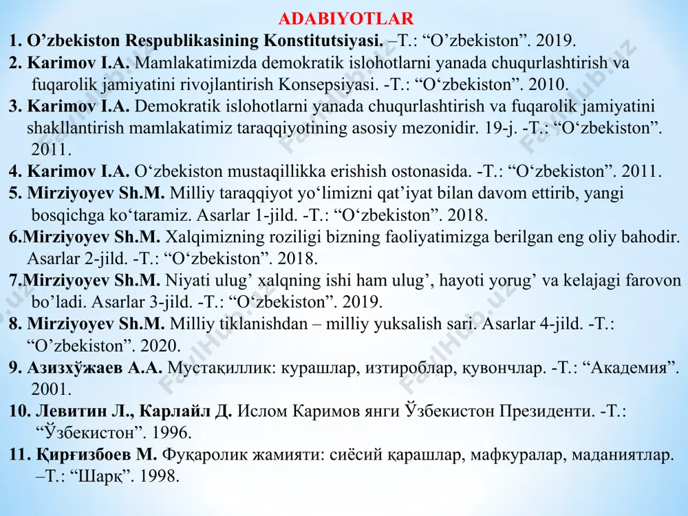 uvi shaklidagi davlatlarda davlat va hukumat rahbari. odatda prezident ijro etuvchi hokimiyat boshlig’i hisoblanib, davlatning ichki va tashqi siyosatida xalq nomidan ish yuritadi. jahonda birinchi prezidentlik boshqaruvi xviii asr oxirida aqshda joriy qilingan. o’zbekistonda prezidentlik boshqaruvi ilk bor 1990-yil 24-martda joriy qilingan bo’lib, o’zbekiston prezidenti butun o’zbekiston fuqarolari tomonidan umumiy, teng va to’g’ridan to’g’ri saylov prinsipi asosida saylanadi. vazirlar mahkamasi – ba’zi davlatlarda, shu jumladan, o’zbekistonda hukumat – ijro etuvchi hokimiyatning nomi. konstitutsiyamizning xx-bobi, 98-moddasida vazirlar mahkamasining vakolatlari belgilab berilgan. vazirlar mahkamasi iqtisodiyotning, ijtimoiy va ma’naviy sohaning samarali faoliyatiga rahbarlikni ta’minlaydi. vazirlar mahkamasi davlat boshqaruv idoralari tizimiga va o’zi tashkil etadigan xo’jalik boshqaruvi muassasalariga boshchilik qiladi, ularning hamjihatlik bilan faoliyat ko’rsatishini, hamda o’zbekiston respublikasi oliy majlisi tomonidan qabul qilingan qonunlarning ijrosini ta’minlaydi. 2005-yilda vazirlar mahkamasi rahbari – bosh vazir lavozimi joriy etildi. 2007-yilda o’zbekiston respublikasi konstitutsiyasidan mamlakat prezidenti bir vaqtning o’zida ijro etuvchi hokimiyat boshlig’i, ya’ni vazirlar mahkamasining raisi ekanini …