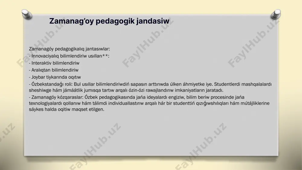 limpazlarınıń bilimlendiriwdegi innovaciyalıq kózqarasları bolsa bilimlendiriw procesin zamanagóy talaplarǵa beyimlestiriwde áhmietli rol oynaydı. keleshekte innovaciyalıq qatnaslardı rawajlandırıw ushın sanlı texnologiyalardı qollanıw zárúr. diqqatlarin’iz ushin raxmet image5.png image6.png image7.png image16.jpg image3.jpeg image4.png
