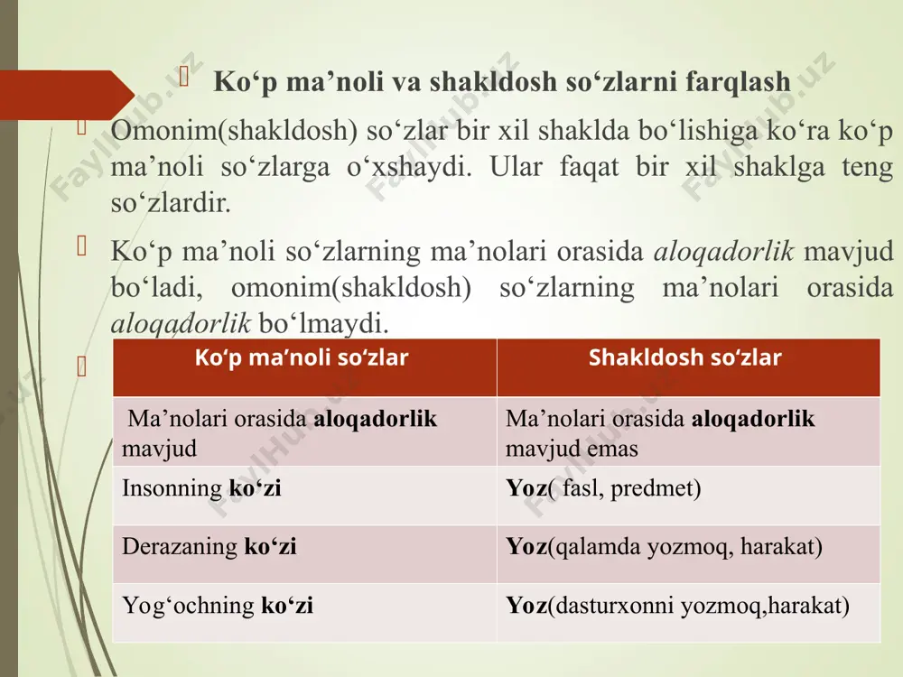 omonimlar. nutqda omonimlardan foydalanish aytilishi va yozilishi bir xil bo‘lib, turli atash ma’nolarini bildirgan so‘zlarga omonim so‘zlar deyiladi. ular shakldosh so‘zlar deb ham yuritiladi. masalan: un (tovush), un (mahsulot), un (fe’l); soz (puxta, ma’qul), soz (cholg‘u asbobi), soz (inoq, o‘zaro yaqin). omonim so‘zlar bir qarashda ko‘p ma’noli so‘zlarga o‘xshab ketadi, ammo ularni farqlash kerak. ko‘p ma’noli so‘zlar bir so‘zni o‘z va ko‘chma ma’noda qo‘llashdan hosil bo‘ladi: burun (yuz qismi) – burun (choynakning burni). omonimlarda turlicha ma’nolar nazarda tutiladi: burun (yuz qismi) – burun (avval). omonimlar so‘z omonimlar hamda qo‘shimcha omonimlarga bo‘linadi. omonim lotincha homos – bir, onuma – nom so‘zidan olingan. o‘zbek tilida leksik omonimlar ko‘p ishlatilganligi sababli, u maxsus she’riy janr – tuyuqqa ham asos bo‘lib xizmat qiladi. omonim so‘zdan foydalangan holda so‘z o‘yinini yaratish tajnis (jinos) san’ati deyiladi. bir turkum yoki turli turkum doirasida shakldosh so‘zlar tom ot ot fe’l sifat asarning birinchi tomi uyning tomi tomchi tomdi …