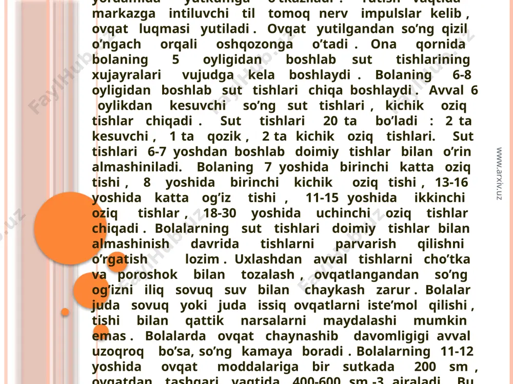 a’sirlardan saqlaydi . turli ovqat moddalariga turli mikdorda oshqozon shirasi ajraladi . oshqozon shirasining ajralishi nerv - go’moral yo’lda ajraladi . nerv yo’lida shira ajralishi shartli va shartsiz reflekslar asosida bo’ladi ( ovqat ko’rmaganda xidiga ham oshqozon shirasining ajralishini ) . oshqozon shirasining nerv - gumoral yo’lda ajralishida ovqat tarkibidagi moddalar qonga surilgandan so’ng qon orqali oshqozon bezlariga kelib ularning faoliyatini kuchaytiradi . ovqatlangandan 20 – 30 minutdan so’ng oshqozon tulqinsimon qiskarib ovqat oshqozon shirasi bilan aralashadi . katta odamlarga aralash ovqat oshqozonda 3- 4 soatdan so’ng 12 barmoqli ichakka o’tadi . sut va sutli ovqatlar oshqozondan 12 barmokli ichakka tez o’tadi . www.arxiv.uz ingichka ichakda ovqatning xazm bo’lishi . ingichka ichakning uzunligi katta odamlarda 6 – 7 m , diametri 2,5-3 sm . ingichka ichak 12 barmoqli ichak - 20 sm , och ichak va yon bosh ichakka bo’linadi . oshqozon qisman parchalangan ovqat butkasi 12 barmoqli ichakka to’shadi. …