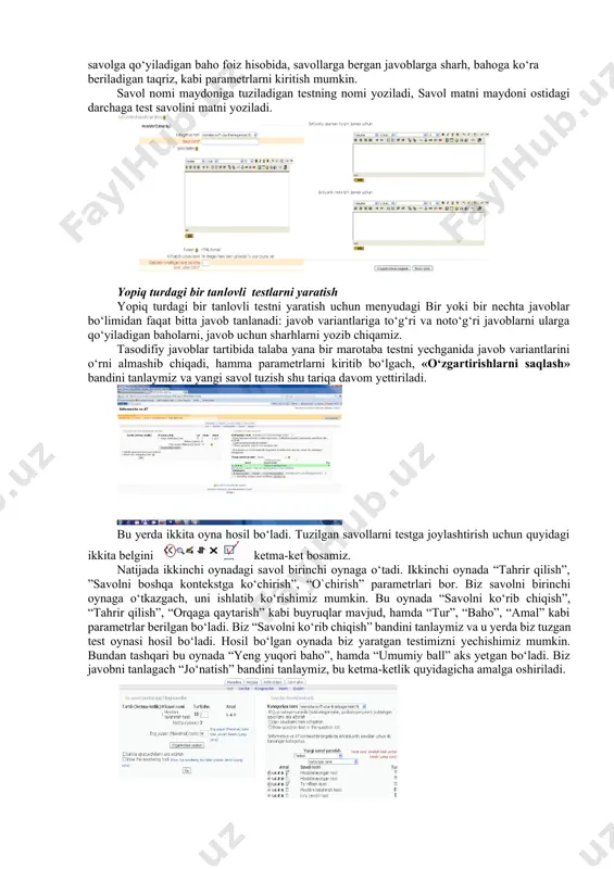 qayta kо‘rib chiqishimiz, test savollariga yangi savollarni yaratib qо‘shishimiz, testlarning xatolarini tо‘g`irlashimiz mumkin. savollar bandini tanlasak ushbu oyna hosil bо‘ladi: bu oynada yangi savol yaratishimiz, kategoriya nomini kо‘rishimiz, yeski savollarni ham kо‘rishimiz mumkin. bundan tashqari, savolni testga о‘tkazishimiz, testni ishlatib kо‘rishimiz, uni tahrir qilishimiz, savolni boshqa kontekstga о‘tkazishimiz, savolni о‘chirib tashlashimiz mumkin bо‘ladi. bunda quyidagi uskunalardan foylalaniladi: 1- belgi savolni testga qо‘shadi 2- belgi savolni ishlatib kо‘rish imkonini beradi 3- belgi savolni tahrir qiladi 4- belgi savolni boshqa kontekstga о‘tkazadi 5- belgi savolni о‘chirib tashlaydi 6- belgi ichiga belgi qо‘yib uni birinchi belgi orqali testga qо‘shamiz. agar kategoriyalar bandi tanlansa quyidagicha oyna hosil bо‘ladi: bu oynada biz shu vaqtni о‘zida qaysi kategoriya nomi ostida ishlayotganimizni kо‘rishimiz, yangi bir kategoriya yaratishimiz, shu kategoriya haqida ma’lumot berishimiz mumkin. yangi kategoriya ma`lumotlarini kiritib bо‘lgach, kategoriya qо‘shish buyrug‘ini tanlaymiz. yuqoridagi oyna yesa import bо‘limini tanlaganda hosil bо‘ladi. bu oynada fayl formati, asosiylar bо‘limi bо‘ladi. …