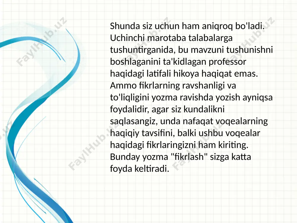 tılaşma bilan ajralib turadi. muammoni hal qilish uchun ichki aloqadan foydalanadigan kishi unga qanday muammo qo'yilganligini tushunadi, bu unga vazifaga tegishli bo'lgan barcha narsani istisno qilishga imkon beradi. aniq natijada faqat bajarilishi kerak bo'lgan narsa qolmoqda. oddiy qilib aytganda, keyingi harakatlar qanday bo'lishi kerakligi haqidagi ko'rsatma. ichki nutqning bu xususiyati ko'pincha predikativlik deb ataladi. u muloqot mavzusini aniqlash emas, balki bu haqda biron bir narsani aytib berish muhimligini ta'kidlaydi. xulosa 1. a.v.petrovskiy «umumiy psixologiya» toshkent-«o`qituvchi»-1992y 2. m.g.davletshin «umumiy psixologiya» toshkent 2002 y 3. e.goziev «umumiy psixologiya» 1 kitob toshkent-2002 y 4. e.goziev «umumiy psixologiya 2 kitob toshkent-2002 y 5. gippenreyter yu.b «vedenie v obshuyu psixologiyu»kurs lektsiy moskva- asosiy adabiyotlar: image1.jpeg image3.png image5.jpeg image6.png image7.png image8.jpeg image9.png image10.jpeg image4.png image2.png /docprops/thumbnail.jpeg