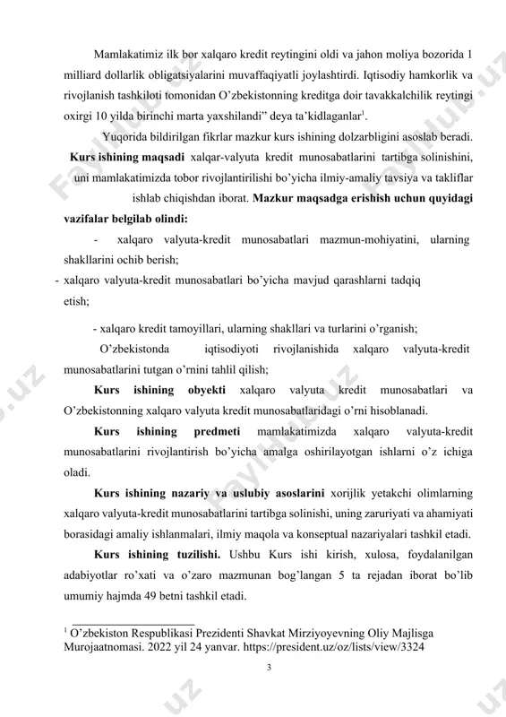 hi 37 foizga yetdi. mamlakatimiz ilk bor xalqaro kredit reytingini oldi va jahon moliya bozorida 1 milliard dollarlik obligatsiyalarini muvaffaqiyatli joylashtirdi. iqtisodiy hamkorlik va rivojlanish tashkiloti tomonidan o’zbekistonning kreditga doir tavakkalchilik reytingi oxirgi 10 yilda birinchi marta yaxshilandi” deya ta’kidlaganlar1. yuqorida bildirilgan fikrlar mazkur kurs ishining dolzarbligini asoslab beradi. kurs ishining maqsadi xalqar-valyuta kredit munosabatlarini tartibga solinishini, uni mamlakatimizda tobor rivojlantirilishi bo’yicha ilmiy-amaliy tavsiya va takliflar ishlab chiqishdan iborat. mazkur maqsadga erishish uchun quyidagi vazifalar belgilab olindi: · xalqaro valyuta-kredit munosabatlari mazmun-mohiyatini, ularning shakllarini ochib berish; · xalqaro valyuta-kredit munosabatlari bo’yicha mavjud qarashlarni tadqiq etish; · xalqaro kredit tamoyillari, ularning shakllari va turlarini o’rganish; · o’zbekistonda iqtisodiyoti rivojlanishida xalqaro valyuta-kredit munosabatlarini tutgan o’rnini tahlil qilish; kurs ishining obyekti xalqaro valyuta kredit munosabatlari va o’zbekistonning xalqaro valyuta kredit munosabatlaridagi o’rni hisoblanadi. kurs ishining predmeti mamlakatimizda xalqaro valyuta-kredit munosabatlarini rivojlantirish bo’yicha amalga oshirilayotgan ishlarni o’z ichiga oladi. kurs ishining nazariy va uslubiy …