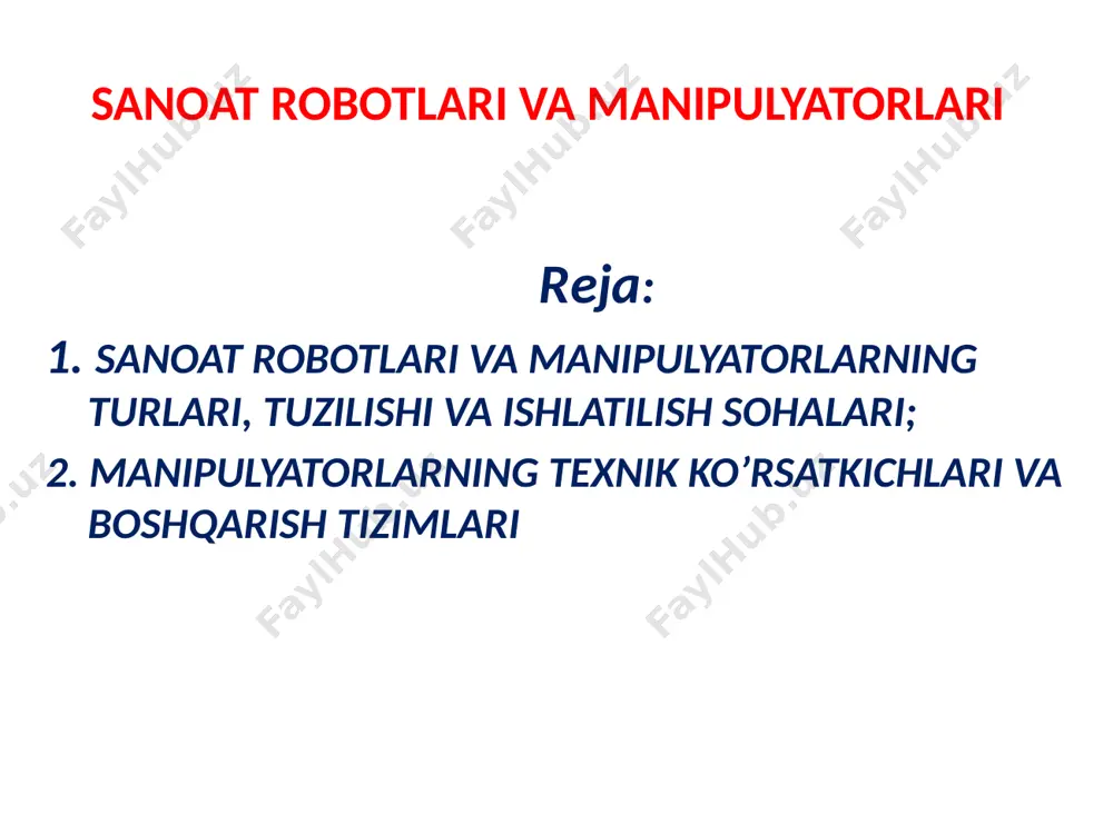 avtomatik mashinalardan shunisi bilan farq qiladiki, ularning asosiy mexanizmida erkinlik darajalari soni bir nechta bo’lgan ochiq kinematik zanjirning mavjudligi tufayli ularning ish organlari turli fazoviy harakatlarni keng chegaralarda sodir eta oladi, bu esa ularni boshqa programmani bajarishga tezda qayta sozlashga imkon beradi. sanoat robotlari manipulyatorining konstruktiv sxemalari turli-tumandir. masalan, shakl, a da sanoat robotlaridan birining umumiy ko’rinishi tasvirlangan; uning kinematik sxemasi b da keltirilgan. avtomatik boshqariladigan sanoat robotlarining uchta sinfi yoki avlodi mavjud. birinchi avlodga o’zgarmas programma bo’yicha ishlaydigan sanoat robotlari kiradi. bunday robot-manipulyatorlardan mashinasozlikda tobora ko’proq foydalanilmoqda. ikkinchi avlodga shunday manipulyatorlar kiradiki, ularning boshqarish sistemalarida o’zgarmas programma bilan birga tashqi muhitning noma’lum yoki o’zgaruvchi sharoitiga (masalan, ko’rsatilgan joydan buyumni izlash) moslashish elementlari ham bo’ladi; tashqi muhit to’g’risidagi axborot tegishli datchiklar yordamida olinadi. uchinchi avlodga sun’iy ong elemeptlari bo’lgan robot-manipulyatorlar kiradi. ularning boshqarish sistemalari qo’yilgan maqsadga muvofiq ravishda mantiqiy masalalarni yechgan va o’zi o’rgangan holda programmani o’zi tuzadi hamda uni …