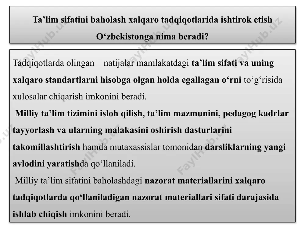 h va ta’lim olish jarayonlari samaradorligini baholash. maktabda pedagogik faoliyat yuritayotgan o‘qituvchilar va ta’lim muassasalari rahbarlarini ta’lim- tarbiya jarayonini tahlil etishga yo‘naltirish, ta’lim siyosatining asosiy aspektlari bo‘yicha ta’lim sifati ko‘rsatkichlarini aniqlash mezonlarini ishlab chiqish. xalqaro konsorsium,o‘qituvchilar assosiatsiyasi,mamlakatlar aro hamkorlikni yo‘lga qo‘yish. anketa savollariga yozilgan javoblarni tahlil etish,ta’lim sifati ko‘rsatkichlariga bevosita ta’sir ko‘rsatadigan omillarni aniqlash, foydalanilmayotgan resurslarni belgilash, ular yuzasidan taqdimot,ko‘rsatma va hisobotlar tayyorlash. pisa–o‘quvchilarning ta’limiy yutuqlarini baholash bo‘yicha xalqaro dastur pisa(inglizcha programme for international student assessment)–turli davlatlarda15yoshli o‘quvchilarning savodxonligini (o‘qish,matematika,tabiiyfanlar) hamda bilimlarini amaliyotda qo‘llash qobiliyatini baholovchi dastur. bu dastur 3 yilda bir marotaba o‘tkaziladi. dastlab1997-yilda ishlab chiqilgan va 2000-yilda birinchi marta qo‘llanilgan. маktabni tugatgandan so‘ng o ‘quvchilar faol hayotiy pozitsiyani egallashlariga imkon beradigan chuqur bilimga egalik darajasini baholash. pisa dasturining asosiy maqsadi pisa xalqaro baholash dasturiga qo’shilishning ijobiy tomonlari xalqaro tadqiqotlar respublikamiz ta’lim tizimining ijobiy va salbiy tomonlarini aniqlashshga yordam beradi. mamlakatlatlarga ta’lim tizimini takomillashtirish maqsadida istiqbol rejalar ishlab chiqish …