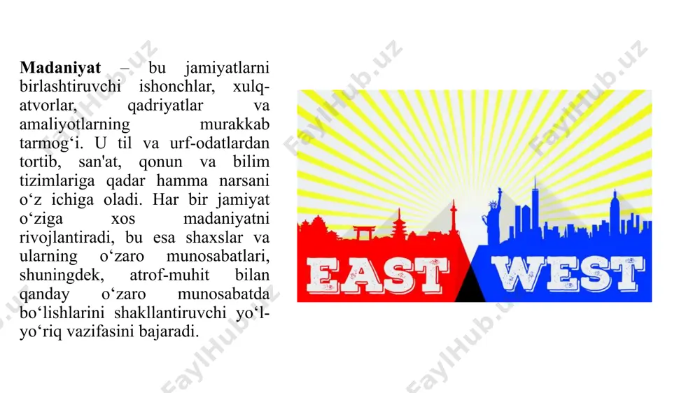 yotini aks ettiruvchi ko‘rinadigan eslatmadir. misol: qadimgi misrda monumental tuzilmalar, masalan, piramidalar, misrliklarning me’morchilik, ruhiy va texnologik yutuqlarini aks ettiruvchi belgilar hisoblanadi. nomoddiy madaniyat nomoddiy madaniyat esa bir jamiyatning fikrlash tarzini va yashash uslublarini shakllantiruvchi moddiy bo'lmagan jihatlarni o‘z ichiga oladi. bu qadriyatlar va ishonchlardan tortib, xulq-atvorni boshqaruvchi me’yorlar, til va muhim hayotiy voqealarni nishonlashga bag‘ishlangan marosimlargacha keng qamrovni o‘z ichiga oladi. misol: yapon madaniyatida “wa” (uyg‘unlik) tushunchasi ijtimoiy munosabatlarga ta’sir qiladi, bunda insonlar tinchlikni saqlashga va ziddiyatlardan qochishga harakat qiladi. ushbu qadriyat turli muhitlarda, oilaviy hayotdan tortib ish aloqalarigacha xatti-harakatlarni shakllantiradi. ommaviy madaniyat ommaviy madaniyat (yoki “pop-madaniyat”) keng tarqalgan va osonlik bilan qabul qilinadigan ko‘ngilocharlik, moda, til va texnologiya shakllarini o‘z ichiga oladi. ko‘pincha ommaviy axborot vositalari orqali tarqatiladi va keng jamoatchilikning qiziqish va didini aks ettiradi, shu jumladan musiqa, filmlar, sport va ijtimoiy tarmoqlardagi tendentsiyalarni ham. misol: gollivud filmlarining ta’siri ommaviy madaniyatning amerika nuqtayi nazariga global e’tiborni tortib, …