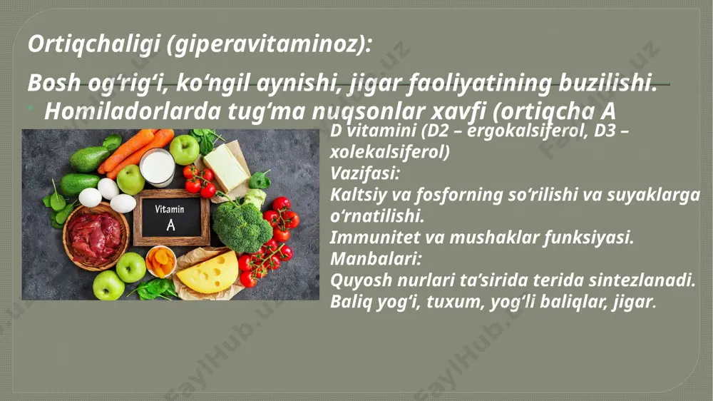 ori dozada uzoq muddat — asab zararlanishi (sensor neyropatiya). b9 vitamini (foliy kislotasi) vazifasi: dnk sintezi, hujayra bo‘linishi, ayniqsa homiladorlikda. manbalari:yashil bargli sabzavotlar, don mahsulotlari, sitrus mevalar. yetishmovchiligi: me’galoblastik anemiya, homila nuqsonlari (neyral naychali defekt). ortiqchaligi:juda yuqori dozalar b12 yetishmovchiligini yashirishi mumkin. b12 vitamini (kobalamin) vazifasi:qon yasash, asab tolalarining mielin qobig‘ini saqlash. manbalari:faqat hayvoniy manbalar: go‘sht, tuxum, jigar, sut. yetishmovchiligi:me’galoblastik anemiya, nevrologik buzilishlar (tirishish, paresteziya). ko‘proq vegetarianlar va gastritli odamlarda. ortiqchaligi:juda kam uchraydi. image2.jpeg image3.jpeg image4.jpeg image5.jpeg image6.jpeg /docprops/thumbnail.jpeg
