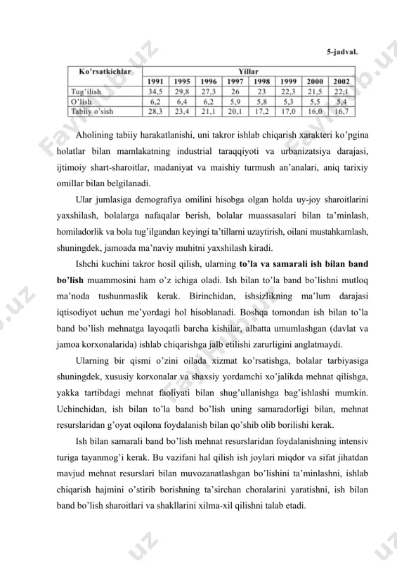 bo’shatib olish va uni qayta taqsimlash mexanizmiga, aholini ishga joylashtirish, qayta o’qitish va kasb tanlashi tizimiga ta’sir ko’rsatadi. mulkchilikning turli shakllari rivojlangan bozor iqtisodiyoti ishchi kuchi resurslarida yanada samaraliroq foydalanishga sharoit yaratadi, ularni kam samarali sohalardan bo’shatib kadrlarga ehtiyoji bo’lgan yuqori samarali tarmoqlar va korxonalarga qayta taqsimlaydi. 2. ishsizlik va uning turlari. ishsizlik darajasini aniqlash. mehnatga layoqatli bo’lib, ishlashni xohlagan, lekin ish bilan ta’minlanmaganlar ishsizlar deyiladi. namoyon bo’lish xarakteri va vujudga kelish sabablariga ko’ra ishsizlik friktsion, tarkibiy, tsiklik, ixtiyoriy, instituttsional, texnologik, regional, yashirin va turg’un turlarga bo’linadi. friktsion ishsizlarga ish joyini o’zgartirgan, yangi yashash joyiga ko’chib o’tish va ishdan bo’shashi munosabati bilan ish izlayotgan, vaqtinchalik mavsumiy ishini yo’qotgan kishilar kiradi. friktsion ishsizlik tarkibiy ishsizlik deb nomlanuvchi ikkinchi kategoriyaga osonlik bilan o’tadi. vaqt o’tishi bilan iste’molchilik talabi va texnologiya tarkibida muhim o’zgarishlar ro’y beradi, bu o’z navbatida ishchi kuchiga bo’lgan umumiy talab tarkibini o’zgartiradi. bunday o’zgarish natijasida kasblarning ayrim turlariga talab …