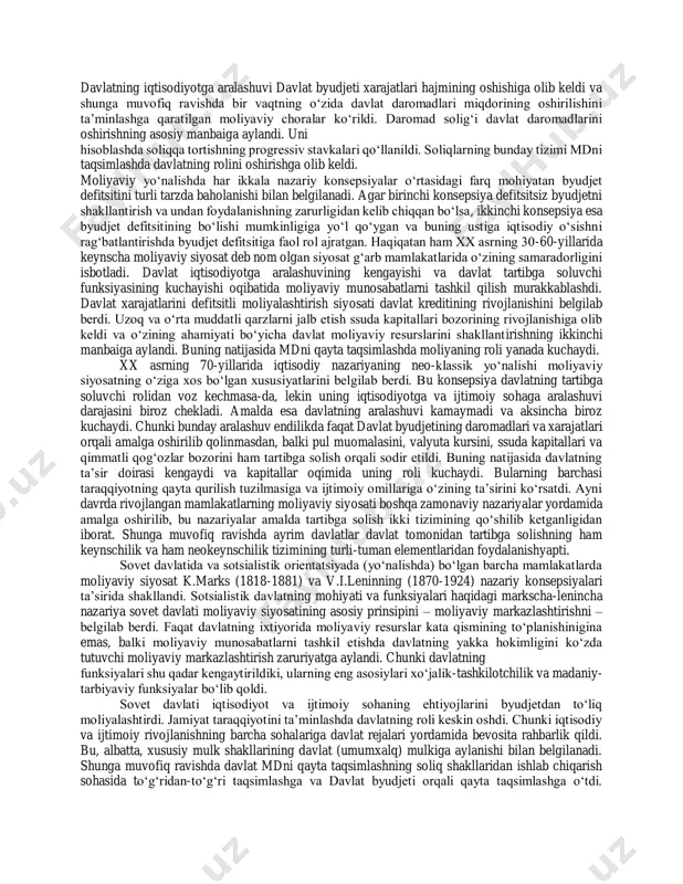 siyosatni amalga oshirishning asosiy metodologik tamoyillari quyidagilardan iborat: • pirovard maqsadga bog‘liqlik; • xo‘jalik barcha tarmoqlarining makroiqtisodiy balanslashtirilganligi (muvozanatliligi, mutanosibligi); • jamiyat barcha a’zolarining manfaatlariga mos kelishi; • real imkoniyatlar asosida ichki va tashqi iqtisodiy sharoitlarni hisobga olish. moliyaviy siyosatning amalga oshirilishini davlat tomonidan o‘z funksiyalari va dasturlarini (uzoq, o‘rta va qisqa muddatli) bajarish uchun moliyaviy resurslarni jalb qilish, ularni taqsimlash va qayta taqsimlashga yo‘naltirilgan davlat tadbirlarining majmui ta’minlaydi. bu tadbirlarning orasida moliyaviy munosabatlarning shakllari va normalarini huquqiy tartibga solish (reglamentatsiya qilish) muhim o‘rin egallaydi. moliyaviy siyosat o‘z-o‘zidan yaxshi yoki yomon bo‘lishi mumkin emas. uning yaxshi yoki yomon ekanligi jamiyatning yoki uning ma’lum bir qismining manfaatlariga qanchalik muvofiqligi va qo‘yilgan maqsadlarga erishish hamda aniq vazifalarning yechilishiga qanchalik ta’sir ko‘rsatganligi bilan belgilanadi. hukumatning moliyaviy siyosatiga baho berish va uni o‘zgartirish bo‘yicha tavsiya berish uchun, birinchi navbatda, butun jamiyat manfaatlari va aholining alohida guruhlari manfaatlarini ajratgan holda jamiyat taraqqiyotining aniq dasturiga, yechilishi …