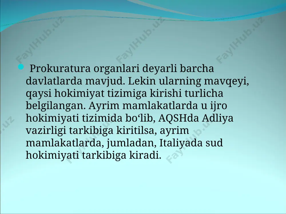 raturaning asosiy vazifalari: qonun ustuvorligini ta’minlash; � qonuniylikni mustahkamlash; � fuqarolarning huquq va erkinliklarini, jamiyat va davlatning qonun bilan qo‘riqlanadigan manfaatlarini, o‘zbekiston respublikasi konstitutsiyaviy tuzumini mustahkamlash; � huquqbuzarlikning oldini olish va profilaktika qilishdan iborat. shu vazifalarni bajarish uchun u tegishli yo‘nalishlarda faoliyat yuritadi va aniq vakolatlarga ega. prokuratura organlari faoliyatining yo‘nalishlari: birinchi yo‘nalish — vazirliklar, davlat qo‘mitalari, idoralar, fuqarolarning o‘zini o‘zi boshqarish organlari, jamoat birlashmalari, korxonalar, muassasalar, tashkilotlar, hokimlar va boshqa mansabdor shaxslar tomonidan qonunlarning ijro etilishi; � fuqarolarning huquq va erkinliklarini ta’minlashga qaratilgan qonunlar ijrosi; � qurolli kuchlarda, vazirliklar, davlat qo‘mitalari va idoralarida harbiy tuzilmalarda qonunlarga rioya etilishi ustidan nazorat qilish; ikkinchi yo‘nalish — tezkor-qidiruv faoliyati, surishtiruvni, dastlabki tergovni amalga oshiradigan organlar tomonidan qonunlarning ijro etilishi ustidan nazorat qilish hamda ularning jinoyatchilikka qarshi kurash borasidagi faoliyatini muvofiqlashtirish uchinchi yo‘nalish — jinoyatlar ustidan dastlabki tergov olib borish; � to‘rtinchi yo‘nalish — sudlarda jinoyat ishlari ko‘rib chiqilayotganda davlat ayblovini quvvatlash, sudlarda …