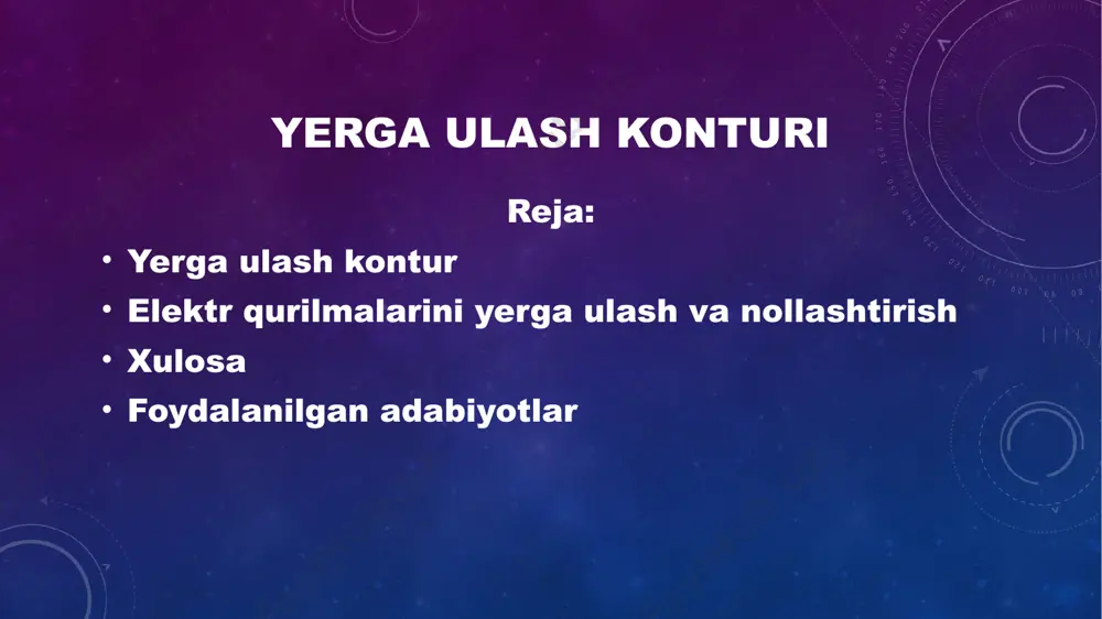 bo‘lmagan metall qismi, masalan, korpusi, yerga ko‘milgan elektrodlarga ulanadi. shu sababli yerga ulash tizimi elektrodlar va elektr qurilma bilan elektrodni birlashtiruvchi o‘tkazgichlardan iborat bo‘ladi. yerga ulash elektrodlari sun’iy (aynan shu maqsadda maxsus yerga ko‘milgan рo‘lat truba yoki boshqa turdagi metall buyumlar) va tabiiy (boshqa maqsadlarda yerga o‘rnatilgan metall buyumlar) ko‘rinishda bo‘lishi mumkin. tabiiy elektrodlarga suv quvurlari, bino va inshootlarning temir beton konstruksiyalarini yerga ko‘milgan detallari misol bo‘la oladi. gaz va neft quvurlaridan yerga ulash elektrodi sifatida foydalanish taqiqlanadi. sun’iу elektrodlar sifatida рo‘lat trubalar, burchaksimon рo‘latlar, armaturalar va temir polosalardan foydalanish mumkin. bunday elektrodlarning uzunligi 2...3 m, qalinligi 3,5 mm.dan kam bo‘lmasligi zarur. elektrodlarni bir-biriga ulashda ko‘ndalang kesimining o‘lchami 4x12mm bo‘lgan simlar yoki diametri 6 mm.dan kam bo‘lmagan рo‘lat simlardan foydalaniladi. elektr uskunalari va jihozlari quyidagi hollarda yerga ulanadi: 1. 380 v va undan yuqori kuchlanishdagi o‘zgaruvchan tok hamda 440 v va undan yuqori kuchlanishdagi o‘zgarmas tok bilan ishlovchi barcha uskuna …