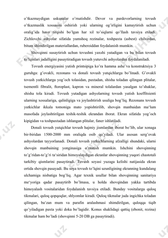 m maxsus himoya zonasi mavjud bo’lib, unga qattiq rioya qilinadi. masalan, quvvati katta bo’lgan qisqa to’lqinli radiostantsiya turar joylardan uzoq quriladi. maxsus himoya zonasi ikkiga bo’linadi: qattiq rejimli va foydalanish chegaralangan zonalarga bo’linadi. qattiq rejimli zona faqat radiostantsiyalarga taaluqli bo’lib, uning ta‘sir doirasida kuchlanish 20 v/m dan oshmasligi kerak. bu zona quriqxonada ham o’rab qo’yiladi. foydalanish chegaralangan zonada esa kuchlanish 20 v/m dan kam bo’lishi kerak. qattiq rejimli zonaning kengligi 50-100 m, chegaralangan zona kengligi esa 500-600 m bo’ladi. qattiq rejimli zona hududida binolar qurish taqiqlanadi. 4. titrash, ultratovush va infratovushlardan himoyalanish. texnologik uskunaning ashyoviy sig’imi kamaytirilgani holda uning tezligini oshirilganda ularning titrashi kuchayadi. titrash (vibratsiya) tebranishlar chastotasi, titrlashdagi siljish amplitudasi va titrash tezligi bilan ifodalanadi. uzoq vaqt mobaynida titrash ta‘sirida bo’lish yomon ta‘sir e‘tibgina qolmasdan, balki og’ir kasbiy – titrash kasalligiga olib keladi. inson organizmiga ta‘sir ko’rsatish tarziga ko’ra titrashlar mahalliy va umumiy bo’ladi. titrashdan himoyalanish uchun amortizatorlar va …