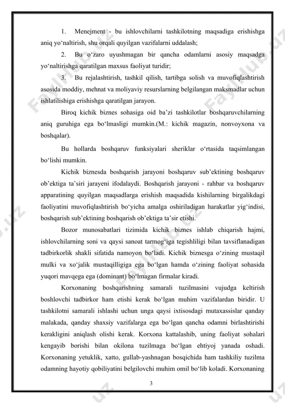 alashib, uning faoliyat sohalari kengayib borishi bilan okilona tuzilmaga bo‘lgan ehtiyoj yanada oshadi. korxonaning yetuklik, xatto, gullab-yashnagan bosqichida ham tashkiliy tuzilma odamning hayotiy qobiliyatini belgilovchi muhim omil bo‘lib koladi. korxonaning raqobat kurashiga bardosh berish, o‘z quvvatini saqlab turish yoki oshirib borishi, uning o‘zgarib borayotgan sharoitlarga moslashish qobiliyatiga bog‘liq bo‘ladi. korxona boshqaruvining tashkiliy tuzilmasi – bu bo‘limlar, ishlovchilar o‘rtasidagi maxsus ishlab chiqilgan alolkalar va munosabatlarning yaxlit tizimini o‘z ichiga oladi va uning doirasida ishlovchi odamlar oldiga quyilgan maqsadga eng samarali yo‘l bilan erishish vazifasini bajaradi. mazkur tizimining tashkiliy vazifalari 1-rasmda ko‘rsatilgan. korxona tuzilmasida quyidagi elementlar ajratib ko‘rsatiladi: rahbarlik va aloqa (gorizontal va vertikal) bug‘inlar (bo‘limlar), darajalar (bosqichlar). butun (bo‘lib) – bu tashkiliy jihatdan alohida, mustaqil boshqaruv tashkilotidir. bo‘lim (odamlar guruhi) tomonidan muayyan vazifaning bajarilishi uni shakllantirishning asosiy maqsadi hisoblanadi. bo‘limlar o‘rtasidagi aloqalar gorizontal tusga ega. rahbarlik (boshqaruv) darajasini (bosqichini) boshqaruv iyerarxiyasida ma’lum bosqichi egallagan bo‘limlar guruhi (yoki bita bo‘lim) sifatida belgilash …