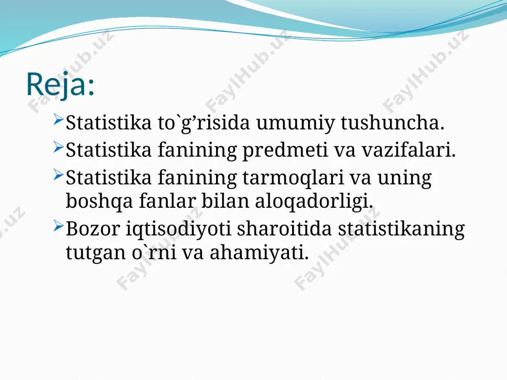 - holat, darajani anglatadi. bundan fan davlatni bilish, ya`ni davlat to`g’risida muayyan bilim, ma`lumotlar yig’indisi degan tushunchalar kelib chiqadi. hozirgi kunda statistika deyilganda: o`z ob`ekti va usuliga ega bo`lgan mustaqil fanni; amaliy faoliyatdagi mustaqil tarmoqlarni, ya`ni statistika qo’mitasi, viloyat statistika bosh boshqarmasi, shahar va tuman statistika bo’limlari; ijtimoiy hayotning turli tomonlarini ta`riflaydigan umumiy ko`rsatkichlar, statistik raqamlar ham tushuniladi. “statistika” fanining maqsadi - talabalarda statistika nazariyasi, usullari va amaliyoti sohasida chuqur kasbiy bilimlar va kerakli o’quv mahoratlarni shakllantirishdir. “statistika” fanining predmeti – ommaviy ijtimoiy-iqtisodiy hodisalar to’risidagi miqdoriy kattaliklarni sifat ko’rsatkichlariga bog’lagan holda o’rganishdan iborat. statistikaning o’rganish ob’ekti insoniyat hayotida ro’y beradigan barcha ommaviy voqea va hodisalardir. statistika fanini asosiy vazifalari: statistika predmeti va uslubi, ahamiyati va maqsadi haqida chuqur bilimlarga va aniq tasavvurga ega bo’lish; statistikaning nazariy, uslubiy va amaliy masalalarini o’rganish; o’zbekistonda davlat statistikasining tashkil etilishi, uning “rasmiy statistika to’risida”gi qonundan kelib chiqadigan vazifalari va huquqlarini bilish; statistik kuzatish uslubiyati, …