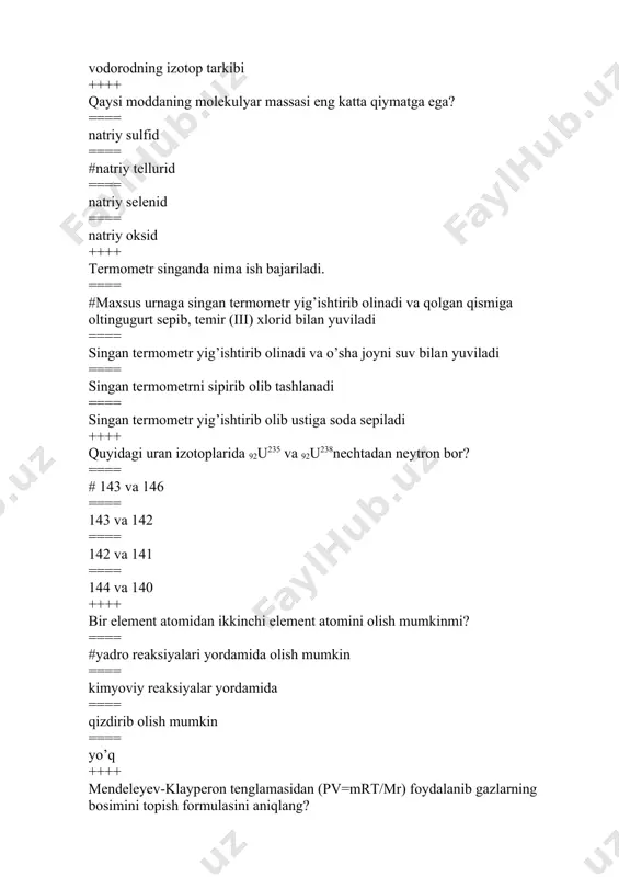 kki marta oshirilsa to’g’ri reaksiya tezligi qanday o’zgaradi. ch4+2o2= co2+2h2o ==== 45 marta kamayadi ==== 42 marta ortadi ==== #32 marta ortadi ==== 37 marta kamayadi ++++ kimyoviy reaksiya tezligi deb nimaga aytiladi ==== modda massasining o’zgarishi ==== #ma’lum vaqt birligi ichida reaksiya kirishayotgan modda konsentrasiyasining o’zgarishi ==== reaksiya davom etgan vaqt ==== modda miqdorining o’zgarishi ++++ massalar ta’siri qonunining asoschilari? ==== le-shatelee ==== vant-goff ==== #gulberg - vaage ==== gess ++++ kimyoviy reaksiya tezligining matematik ifodasini aniqlang? ==== ν =γ t2-t1/10 ==== #δν = δc /δt ==== n=m/mr ==== m=n∙mr ++++ kimyoviy element, uning molekulasi va uning allotropik shakl ko’rinishi aks ettirilgan qatorni aniqlang. ==== oltingugurt atomi, kristall holdagi oltingugurt molekulasi, kaliy sulfid ==== xlor atomi, xlor molekulasi, xlor(iii) oksid ==== #kislorod atomi, kislorod molekulasi, ozon ==== vodorod atomi, vodorod molekulasi, ammiak ++++ eritma deb nimaga aytiladi? ==== tuzlarni suvda erishi ==== erituvchi bilan erigan modda natijasida hosil bo’ladigan …
