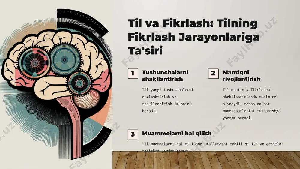 ar orqali tushunarli tarzda bayon etish imkonini beradi. tafakkur til orqali tashkil topadi va rivojlanadi. til tushunchalarni shakllantirish, mantiqiy fikrlash va muammoni hal qilishda muhim rol oʻynaydi. 11 tilsiz tafakkur mavjudligi abstrakt fikrlash tilsiz tafakkur insonning tushunchalarni shakllantirish, muammolarni hal qilish va mantiqiy xulosalar chiqarish qobiliyatiga asoslangan. vizual tasavvur tilsiz tafakkur vizual tasavvur, shakl va shakllar bilan ishlashga asoslangan. hissiy tajriba hissiy tajriba va tuygʻular ham tilsiz tafakkur jarayoniga ta'sir qiladi. 12 tilning tushunchalarni shakllantirishdagi roli 1 tushuncha shakllanishi til tushunchalarni oʻzlashtirish va rivojlantirishda muhim rol oʻynaydi. 2 til vositasi til tushunchalarni shakllantirish va ifodalashning asosiy vositasidir. 3 lugʻat boyligi lugʻat boyligi tushunchalarni aniq va toʻliq tushunishga yordam beradi. 13 tilning ahamiyati va oliy psixologik funktsiyalar bilan oʻzaro bogʻliqligi, insonning intellektual rivojlanishida va ijtimoiy hayotda muhim oʻrin tutadi. 14 til va xotira oʻzaro aloqadorligi lug'at va xotira tilning lug'at fondiy xotira bilan chambarchas bog'liq. til va episodik xotira til voqealar, …