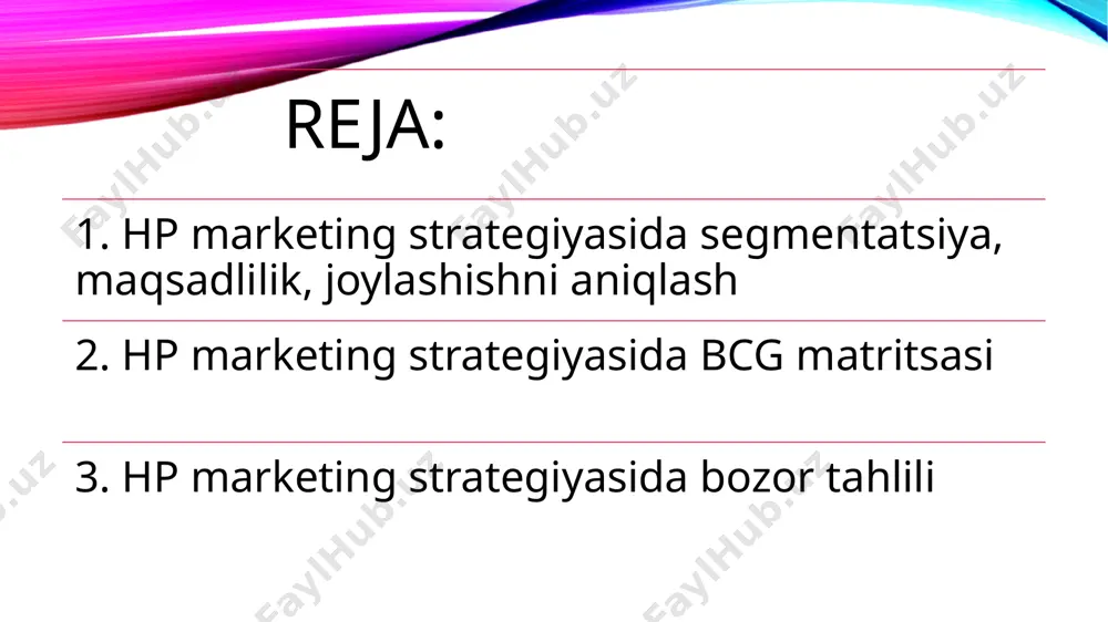 mad olishga yordam beradi. compaq computer corporation, indigo nv, snapfish, synstar, pixaco, chap qo'l tarmoqlari va boshqalar bilan strategik qo'shilish va sotib olish hpga ushbu kompaniyalar o'zlari bilan birga olib keladigan ilg'or texnologiyalar va resurslardan foydalanishda yordam beradi. hp marketing strategiyasida bcg matritsasi - hp shaxsiy kompyuteri va tasvirlash va chop etish bilan bog'liq boshqa mahsulotlar bcg matritsasida yulduz bo'lgan korxonalardir . kompaniya tomonidan taqdim etilgan tarmoq infratuzilmasi, dasturiy ta'minot xizmatlari, ma'lumotlar tahlili va it-ni qo'llab-quvvatlash tizimi kabi keng mahsulot portfeliga ega bo'lganligi sababli bcg matritsasida joylashgan. hp marketing strategiyasida tarqatish strategiyasi - hp o'z mahsulotlari va xizmatlarini mijozlarga taqdim etish uchun bir nechta tarqatish kanallaridan foydalanmoqda . chakana savdo nuqtalari, vakolatli ko'rgazma zallari va xizmat ko'rsatish markazlari, to'g'ridan-to'g'ri savdo kanali, oem (original uskunalar ishlab chiqaruvchisi) va sotuvchilar kompaniyaga mahsulot va xizmatlarini yakuniy mijozga yetkazishda yordam bermoqda. hp marketing strategiyasida brend kapitali - bunday yuqori tovar ko'rinishi va yuqori darajadagi …