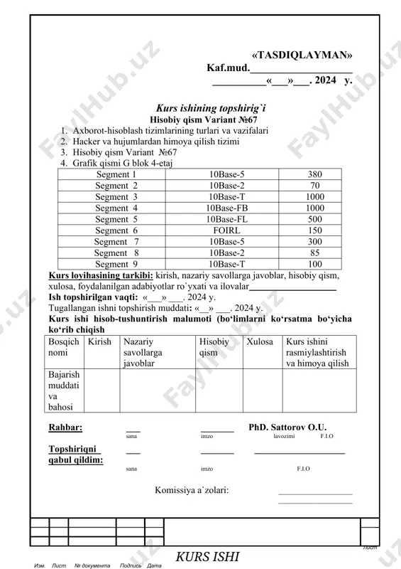 i (bo‘limlarni ko‘rsatma bo‘yicha ko‘rib chiqish bosqich nomi kirish nazariy savollarga javoblar hisobiy qism xulosa kurs ishini rasmiylashtirish va himoya qilish bajarish muddati va bahosi rahbar: ___ _______ phd. sattorov o.u. sana imzo lavozimi f.i.o topshiriqni qabul qildim: ___ _______ ___________________ sana imzo f.i.o komissiya a`zolari: ____________________ ____________________ 1.axborot-hisoblash tizimlarining turlari va vazifalari 1.1 axborot tizimi tushunchasi. “tizim” deganda, bir vaqtning o’zida ham yagona , yaxlit deb qaraladigan har qanday obyekt, ham qo’yilgan maqsadlarga erishish manfaatlarida birlashtirilgan turli elementlar majmuyi tushuniladi. ma’lumki bugungi kunda turli xil tizimlar yaratilgan bo’lib ular o’z tarkibi va bosh maqsadi bo’yicha bir-biridan farqlanadi. tizim tushunchasi keng tarqalgan va juda ko’p maqsadlarda qo’llaniladi. axborot tizimlariga nisbatan qo’llanilganda aksariyat hollarda texnik vositalar va dasturlar to’plami nazarda tutiladi.kompyuterning faqat apparat qisminigina tizim deb atash mumkin. muayyan amaliy vazifalarni bajarish uchun hujjatlarni yuritish va hisob kitoblarni boshqarish jarayonlari bilan to’ldirilgan ko’plab dasturlarni ham tizim deb hisoblashimiz mumkin. har bir …