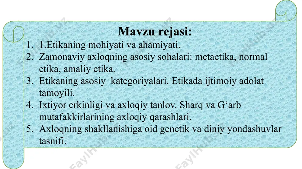 da amal qiladigan axloqiy prinsiplari. kasbiy etika – muayyan kasbda ishlovchi insonlarning axloqiy me’yorlari (masalan, shifokorlar, o‘qituvchilar, jurnalistlar, yuristlar uchun). ijtimoiy etika – jamiyatda qabul qilingan axloqiy normalar va qadriyatlar. bioetika – tibbiyot va biologiya sohalarida axloqiy muammolarni o‘rganadi. biznes etikasi – tadbirkorlik va ishbilarmonlikda axloqiy qarorlar va harakatlar. “odob”(arabcha ,,adab” so`zining ko`pligi) xulq-atvori, yurish-turish madaniyatining tashqi va ichki jihatlarini ifodalaydigan tushuncha. u kishilarning xatti-harakatida, o`zaro munosabatida(oila, mehnat jamoasi va turli marosimlarda) namoyon bo`ladi. odob – inson haqida yoqimli taassurot uyg`otadigan, lekin jamoa, jamiyat va insoniyat hayotida burilish yasaydigan darajada muhim ahamiyatga ega bo`lmaydigan, milliy urf-odatlarga asoslangan chiroyli xatti-harakatlarni o`z ichiga oladi. “odob” — bu insonning xulq-atvoridagi yumshoqlik, hurmat, kamtarlik, va o‘zgalar bilan chiroyli muomala qilish madaniyatini bildiradi. bu tushuncha ko‘proq kundalik hayotda insonning tarbiyasi, muomala madaniyati va o‘zini tutishi bilan bog‘liq. 8 «axloq» so‘zi aslida arabcha so‘z bo‘lib, xulq-atvor, yurish-turish, tarbiya degan ma’nolarni anglatadi. jamiyatning axloqiy hayoti deb kishilarning …