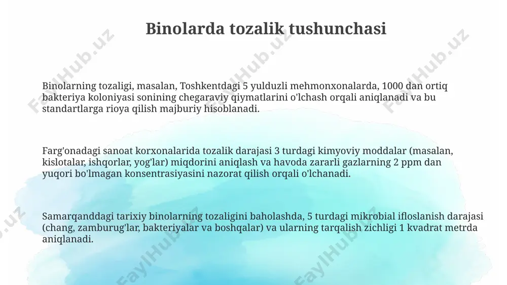 shda zarrachalar soni aniqlanadi. fizikaviy tahlillar yordamida 100 kvadrat metrlik laboratoriya maydonining tozaligini aniqlashda, chang miqdorini o'lchash uchun 5 nuqtadan namunalar olinib, aqshdan keltirilgan "dusttrak" asbobi yordamida o'lchanadi. mikrobiologik tahlillar mikrobiologik tahlillar natijalarida 100 kvadrat metr maydon uchun o'rtacha 500 dan ortiq koloniya hosil qiluvchi birlik (cfu) aniqlanganda, xona ifloslangan deb hisoblanadi va tozalash choralarini ko'rish zarur, bu standartlarga ko'ra, masalan, jahon sog'liqni saqlash tashkiloti (jsst) tomonidan tavsiya etiladi. oziq-ovqat mahsulotlarini ishlab chiqarish korxonalarida, xususan, toshkent shahridagi zavodlarda, mikrobiologik tahlil jarayonida 10-6 darajadagi tozalik darajasi talab qilinadi va bu salmonella va e.coli kabi patogen bakteriyalarni aniqlash usullari bilan ta'minlanadi. mikrobiologik tahlillar uchun namuna olish usullari turlicha bo'lib, 5-10 ta nuqtadan namunalar olinib, har bir nuqtadan 10 grammlik namunalar olinadi va keyinchalik laboratoriyada agar plitalari yordamida tahlil qilinadi, natijalar 24 soat ichida chiqadi. e'tiboringiz uchun rahmat @taqdimot_robot image1.png