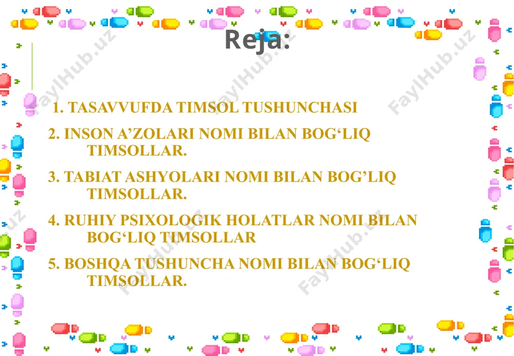 a ilgimda singon sofol. (navoiy) “mastlik” – ilohiyot tajallsisdan sarhush bo‘lish. “xumor” – vaqtincha xushyorlik, ya’ni hol maqomidan uzilib, uzilib turishlik. “durd” (may quyqasi) – ko‘ngildagi g‘ubor. “mayning ko‘pirishi” – ishqning tug‘yoni. iii. tabiat ashyolarining nomlari. “gul” – oshiq ko‘nglining mahbub ishtiyoqida yallig‘lanishi. “gulzor(gulshan)” – dardning kuchayishi va ayni paytda pir suhbating ta’siri. “bulbul” – oshiqlik belgisi. ammo zohiriy go‘zallikka oshiqlik belgisi. “parvona” – ilohiy go‘zallikka oshiqlik va fano timsoli. “sham(dengiz, quyosh)” – ilohiyot manbai. xurshid “nasim” – pirning so‘zidan, karomatidan xabardorlik. “sabo”(sharqdan esgan shamol) – ko‘ngilni poklovchi ilohiy mujda. “mushk anbar” – ilohiy xabarlar. mushk ayni paytda ishq azobining og‘irligidir. chunki mushkini ohuning kindigidan oladilar. ohuni yugurtirib, charchatgach, kindigiga qon quyiladi va u qorayib ajralib chiqadi. shundan mushk ajralib chiqadi. “tong”(subh) – odam, chunki odam ruh va jismdan; zulmat va nurdan iborat. nur ko‘paysa, ilohiy olamga qarab boradi, zulmat ko‘paysa, tubanlashib boradi. “tun” – firoq, hijron. “kecha”(o‘tgan kun) – …