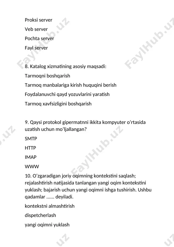 hodisalarni tugatilishini kutishi xatolik 20. dastur qismining asinxron va mustaqil (parallel) bajarilishi ...... deyiladi. dastur osti oqim protsedura jarayon 21. provayderning masofadagi veb-serverida veb-sayt yoki boshqa veb-ilovalarning fayllarini joylashtirish usuli qanday nomlanadi? kirish ma'lumotlar bazasi xosting veb server 22. qanday tarmoq topologiyasida uzatuvchidan qabul qiluvchiga yuborilgan ma’lumot markaziy kontrollerdan o’tadi? yulduz topologiyasi shina topologiyasi halqa topologiyasi daraxtsimon topologiya 23. multidasturlash bu ........... hisoblash jarayonini tashkil qilish usuli, bunda bir nechta dasturlar kompyuter xotirasida joylashgan bo‘lib, navbat bilan bitta protsessorda bajariladi hisoblash jarayonini tashkil qilish usuli, bunda bir nechta dasturlar kompyuter xotirasida joylashgan bo‘lib, ular bir vaqtning o‘zida turli xil protsessorlarda bajariladi hisoblash jarayonini tashkil qilish usuli, unda kompyuter xotirasida bir nechta protsessorlarda navbatma-navbat bajarilgan bitta dastur mavjud hisoblash jarayonini tashkil qilish usuli, unda kompyuter xotirasida bir vaqtning o‘zida turli xil protsessorlarda bajarilgan bitta dastur mavjud 24. qurilma drayverlari ...... ishlaydi. yadro va foydalanuvchi rejimida yadro rejimida foydalanuvchi rejimida qurilma rejimida …