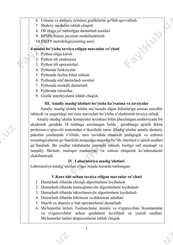 dasturlash tillarida tarmoqlanuvchi algoritmlarni loyihalash 3. dasturlash tillarida takrorlanuvchi algoritmlarni loyihalash 4. dasturlash tillarida inkrment va dekrment amallari 5. shartli va shartsiz o’tish operatorlarini dasturlash 6. ma'lumotlar turlari. tushunchalar, doimiy va o'zgaruvchan. konstantalar va o'zgaruvchilar uchun qoidalarni tavsiflash va yozish usullari. ma'lumotlar turlari diapazonlarini ishlab chiqish 7. oddiy va murakkab operatorlarni dasturlash 8. saralashni pufakcha usuli. bulish bilan tez saralash usulida dasturlash 9. dasturlash tillarida massivlarni loyihalash 10. dasturlash tillaridan foydalib bir o’lchovli massivlarni ishlab chiqish 11. dasturlash tillaridan foydalib ko’p o’lchovli massivlarni ishlab chiqish 12. dasturlash tillarida belgilar qatorlari. belgilar bilan ishlash. 13. dasturlash tillarida to'plamlarning tavsifi. to'plamning kuchini ishlab chiqish. 14. dasturlashda podprogramma, podprogramma funksiya. funksiyalarning tavsifini tadqiq etish. 15. c++ da lokal va global parametrlar. o'zgaruvchilarning ko’rinish doirasi. 16. c++ dasturlash tilida fayllar bilan ishlash 17. matn tipidagi fayllar tavsifi, fayllarni yaratish, o'qish va qo'shish algoritmlarini ishlab chiqish. 18. modulli dasturlashni tadqiq etish. 19. dasturlash tillaridan foydalanib …