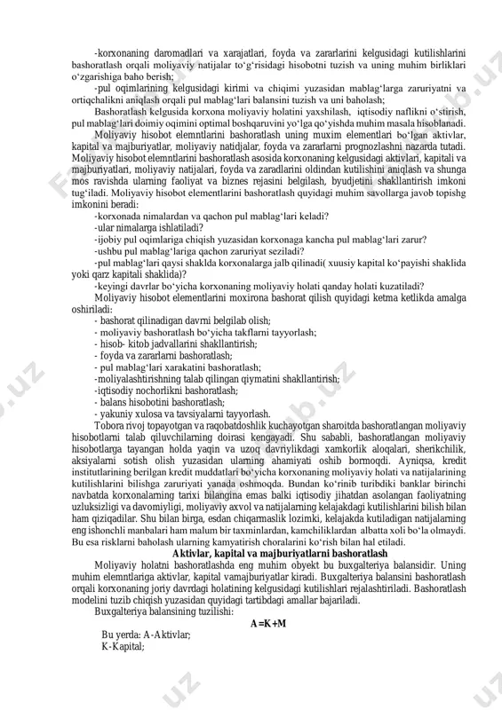 i, foyda va zararlarini tо‘g‘ri aniqlash va boshqaruvni shunga mos ravishda tashkil etish imkonini beradi. korxonalar moliyaviy holatini bashoratlash moliyaviy hisobotning quyidagi birliklari yuzasidan tuzib chiqiladi. 1. aktivlar va passivlar balansi bо‘yicha; 2. daromadlar va xarajatlar balansi bо‘yicha; 3. pul mablag‘lari kirimi va chiqimi balansi bо‘yicha. moliyaviy xolatni bashoratlash uchun asos bо‘luvchi manbaa bu moliyaviy hisobotlardir. joriy yildagi moliyaviy hisobot ma’lumotlari chqin va uzoq davriylikda bashoratlash uchun iqtisodiy va moliyaviy jihatdan asos vazifasini bajaradi. korxonaning kelguidagi rivojlanishi yuzasidjan belgilangan topshiriqlardan kelib chiqqan holda moliyaviy hisobotning barcha elementlari qayta korrektirovkalash asosida tuzib chiqiladi. bashoratlash yakunida bashoratlangan buxgalteriya balansi, bashoratlangan moliyaviy natijalar tо‘g‘risidagi hsioboti, bashoratlangan pul oqimi tо‘g‘risidagi hisobotlari tuzib chiqiladi va ushbu manbalar moliyaviy starategiyani belgilashda muhim manbaa sifatida qaraladi. moliyaviy holatni bashoratlash tahlili mazmunini korxonalarning kelgusidagi moliyaviy ahvoli va undagi о‘zgarishlarni, moliyaviy natijalarni va pul oqimlarini oldidan aniqlash, kelgusidagi iqtisodiy naflikka yо‘naltirilgan boshqaruv qarorlarini tayyorlash uchun zarur bо‘lgan axborotlar bazasini …