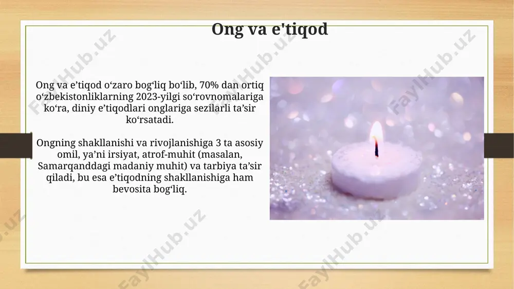 i bilan bogʻliq boʻlib, ularning murakkab oʻzaro aloqasi orqali paydo boʻladi. ongning kelib chiqishi ongning shakllanishiga 2000 yildan ortiq vaqt davomida turli xil madaniyatlar, jumladan, xitoy va tibetdagi diniy amaliyotlar va falsafiy fikrlar ta’sir ko'rsatgan. ongning zamonaviy tushunchasi 20-asrning ikkinchi yarmidan boshlab, psixologiya va neyrobiologiya sohalarida olib borilgan 100 dan ortiq ilmiy tadqiqotlar natijasida shakllangan. ong va his-tuyg'ular ongning his-tuyg'ularga ta'siri 3 bosqichda: idrok, tahlil va reaksiya orqali amalga oshadi. bu jarayonlarni qarshi viloyatida o'tkazilgan neyro-lingvistik tadqiqotlar batafsil tasvirlaydi. ong va his-tuyg'ular o'rtasidagi bog'liqlikni o'rganishda 100 dan ortiq ishtirokchi bilan o'tkazilgan toshkentdagi eksperimentlar, hissiy javoblarning individual farqlarini va ularning ong faoliyatiga ta'sirini ko'rsatdi. ongning kelajagi oʻzbekistonda 2030-yilga kelib, ongning rivojlanishiga bagʻishlangan 5 ta yangi ilmiy markaz ochilishi va neyrotexnologiyalarning jamiyatga taʼsiri boʻyicha 100 dan ortiq ilmiy maqola chop etilishi kutilmoqda. “ongning kelajagi” 2040-yilga borib, sunʼiy intellektning rivojlanishi bilan 30% ga oshishi va inson ongining yangi turlarini, masalan, kvant hisoblash orqali …