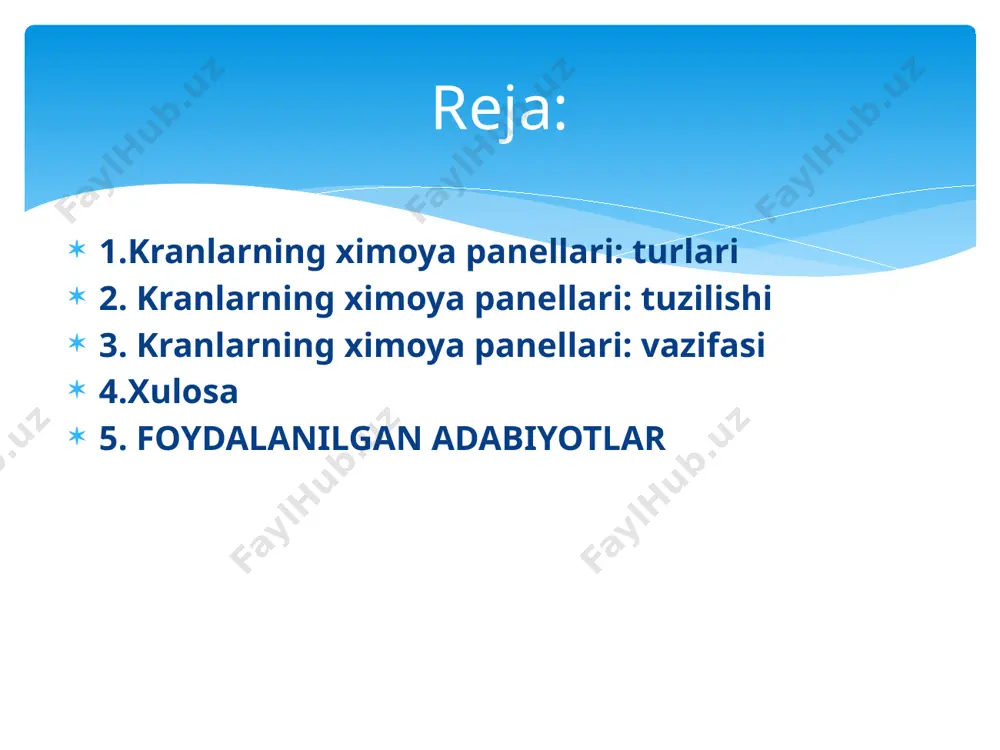 moya qilish, mexanik va elektr tizimlarini himoya qilish, avariya holatlariga avtomatik javob berish, va kranning ishonchli ishlashini monitoring qilishdir. bu tizimlar orqali kranning uzoq muddatli va samarali ishlashiga erishiladi, shuningdek, operator va atrofdagi ishchilar uchun xavfsiz ish sharoitlari yaratiladi. xulosa 1. «asosiy vazifamiz - vatanimiz taraqqiyoti va xalqimiz faro v o n lig in i y an ad a y u k sa ltirish d ir» - p re z id e n t islom k arim ovning 2009- yilning asosiy yakunlari va 2010-yilda o'zbekistonni ijtimoiy-iqtisodiy rivojlantirishning eng m uhim ustuvor yo'nalishlariga bag'ishlangan vazirlar m ahkam asining majlisidagi ma'ruzasi//xalq so'zi, 2010- yil 30- yanvar. 2. m amlakatimizni m odem izatsiya qilish va kuchli fuqarolik jamiyati barpo etish - ustuvor m aqsadimizdir. - prezident islom karimovning o'zbekiston respublikasi oliy majlisi qonunchilik palatasi va senatining ko'shma majlisidagi ma'ruzasi//xalq so'zi, 2010-yil (28) -yanvar. 3. k arim ov la. jah o n m o …