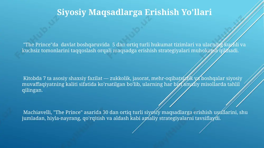 ҳассослик ва меҳр-муҳаббатга оид 1-2 та эпизод унинг асосий мақсадига – ҳокимиятга эришишга – зид келадиган ноёб хусусиятлар сифатида берилган. шахзоданинг сиёсий мақсадларига эришиш учун ҳар қандай воситалардан, хусусан, ёлғон ва фирибгарликдан фойдаланишга тайёрлиги унинг ахлоқсизлик ва прагматик хусусиятини намоён этади. hokimiyatni qo'lga kiritmoq kitobda shahzoda uchun 3 ta asosiy fazilat: kuch, hiyla va shafqatsizlik ta'kidlanadi, bu fazilatlar siyosiy muvaffaqiyatning 70%ini tashkil etadi deya hisoblanadi. machiavelli "hokimiyatni qo'lga kiritmoq"da xalqning va diniy e'tiqodning siyosiy manevrlarga ta'sirini ta'kidlaydi, bu omillar davlatning barqarorligini ta'minlashda muhim rol o'ynaydi. "hokimiyatni qo'lga kiritmoq" asosiy mavzusi machiavellining 1532 yilda yozilgan "prince" asarida davlat boshqaruvining realpolitik yondashuvini aks ettiradi, 15 ta bobdan iborat bo'lib, shahzodaning kuchini saqlab qolishga qaratilgan. harbiy strategiya va taktika "harbiy strategiya va taktika"da qo'zg'olonlarni bostirish, qamal qilish va mudofaa kabi 7 ta muhim harbiy operatsiyaning rejalashtirish va amalga oshirish bosqichlari harbiy terminologiya va raqamli misollar bilan tushuntiriladi. "harbiy strategiya va taktika"da qo'shinlarning 5ta …