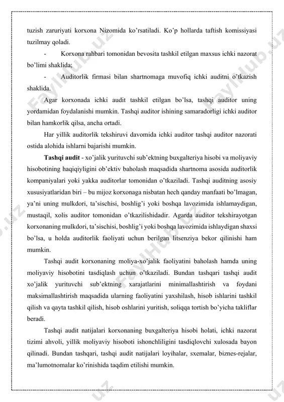 ajarishi mumkin. tashqi audit - xo’jalik yurituvchi sub’ektning buxgalteriya hisobi va moliyaviy hisobotining haqiqiyligini ob’ektiv baholash maqsadida shartnoma asosida auditorlik kompaniyalari yoki yakka auditorlar tomonidan o’tkaziladi. tashqi auditning asosiy xususiyatlaridan biri – bu mijoz korxonaga nisbatan hech qanday manfaati bo’lmagan, ya’ni uning mulkdori, ta’sischisi, boshlig’i yoki boshqa lavozimida ishlamaydigan, mustaqil, xolis auditor tomonidan o’tkazilishidadir. agarda auditor tekshirayotgan korxonaning mulkdori, ta’sischisi, boshlig’i yoki boshqa lavozimida ishlaydigan shaxsi bo’lsa, u holda auditorlik faoliyati uchun berilgan litsenziya bekor qilinishi ham mumkin. tashqi audit korxonaning moliya-xo’jalik faoliyatini baholash hamda uning moliyaviy hisobotini tasdiqlash uchun o’tkaziladi. bundan tashqari tashqi audit xo’jalik yurituvchi sub’ektning xarajatlarini minimallashtirish va foydani maksimallashtirish maqsadida ularning faoliyatini yaxshilash, hisob ishlarini tashkil qilish va qayta tashkil qilish, hisob oshlarini yuritish, soliqqa tortish bo’yicha takliflar beradi. tashqi audit natijalari korxonaning buxgalteriya hisobi holati, ichki nazorat tizimi ahvoli, yillik moliyaviy hisoboti ishonchliligini tasdiqlovchi xulosada bayon qilinadi. bundan tashqari, tashqi audit natijalari loyihalar, sxemalar, biznes-rejalar, …