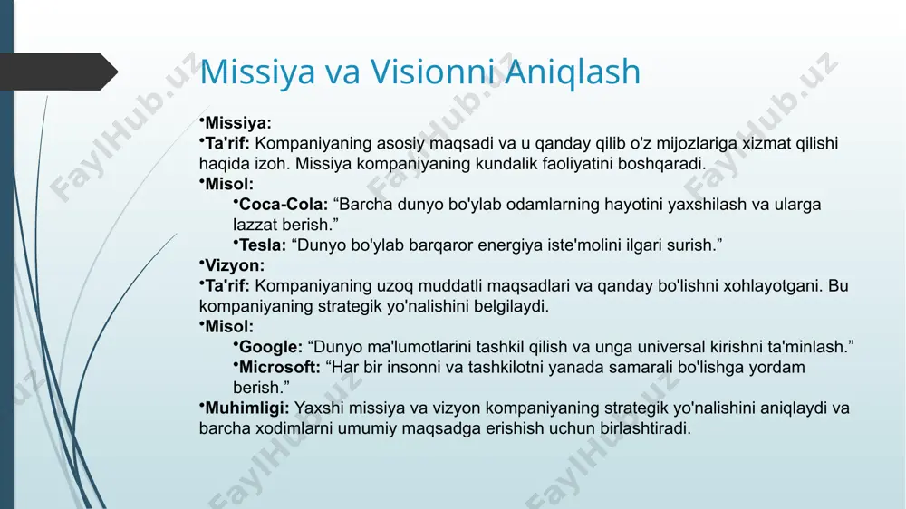 iyat qozonishi mumkin. 5. xaridorlarning kuchlari ta'rif: xaridorlar o'z talablarini qanday belgilashi va kompaniyalar tomonidan mahsulot yoki xizmatlarga qanchalik ta'sir ko'rsatishi. omillar: xaridorlarning soni: bozorda xaridorlarning soni va ularning ta'siri. xaridorlarning ta'siri: xaridorlarning mahsulot yoki xizmatni tanlashdagi kuchi. narx va sifat: xaridorlarning mahsulot yoki xizmatning narxi va sifatiga bo'lgan talablar. misol: restoranlar sohasida mijozlar tomonidan narxlar va xizmat sifatiga qo'yiladigan talablar. ansoff matrix — bu strategik rejalashtirish asbobi bo'lib, kompaniyalar uchun o'sish imkoniyatlarini aniqlash va strategiyalarini ishlab chiqish uchun foydalaniladi. u kompaniyalar qanday qilib o'z bizneslarini kengaytirishlari mumkinligini ko'rsatadi va to'rt asosiy strategik yo'nalishni o'z ichiga oladi. 1. bozorni kengaytirish (market penetration) ta'rif: bu strategiya mavjud mahsulotlarni mavjud bozorlar orqali yanada kengroq tarqatishga qaratilgan. maqsad — bozor ulushini oshirish va mavjud mijozlardan ko'proq foyda olish. usullar: narxni kamaytirish: mahsulotlarni raqobatbardosh narxlarda taklif qilish. reklama va marketing: yangi reklamalar va marketing kampaniyalar orqali mijozlarni jalb qilish. savdo kanallarini kengaytirish: mahsulotlarni yangi …