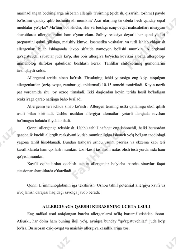 uski, har doim ham buning iloji yo'q, ayniqsa bunday "qo'zg'atuvchilar" juda ko'p bo'lsa. bu asosan oziq-ovqat va maishiy allergiya kasalliklariga xos. antigistaminli, og'ir holatlarda esa gormonal preparatlar bilan allergiya alomatlariga qarshi kurash uning sabablarini bartaraf etmaydi, bor-yo'g'i allergiyaning namoyon bo'lish shakliga qarshi kurashda yordam beradi xolos. shuning uchun preparatlarni qaysi paytda qabul qilish ma'qulligi borasida shifokor bilan maslahatlashing. uchinchi va asosy usul - bu allergenlar bilan maxsus immunoterapiyani o'tkazish. ushbu usul achchiqni achchiq kesadi shaklida o'tkaziladi, ya'ni bemor organizmiga bir yoki bir nechta allergen oshib boradigan dozalarda kiritiladi. bu bilan asta-sekin immun tizimini norozilik belgilarini namoyon etmaslikka o'rgatib boriladi. ushbu usulning kamchiligi - davolanish kursining cho'zilishidadir (3-4 yil davomida har yili bir marta). davolash ishlari bilan birga ovqat hazm bo'lish traktini sog'lomlashtirishga, og'iz va burun-halqum bo'shlig'ini sanatsiyalashga yo'naltirilgan umumiy quvvatlantiruvchi terapiya ham o'tkazilishi zarur. kasallikni o'z vaqtida aniqlash ham muhim ahamiyatga ega. bu uning xurujlarini yumshatish va hatto undan butkul …