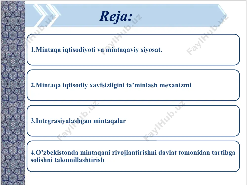 ijtimoiy-iqtisodiy tuzilishidagi o'zgarishlar. mintaqaning iqtisodiy xavfsizligi - bu iqtisodiyotning hozirgi holatini, barqarorlik va izchil rivojlanishni tavsiflovchi shart-sharoit va omillar to'plami. umuman olganda, mintaqaviy iqtisodiy xavfsizlik tuzilmasi inqiroz va kelajakdagi rivojlanish sharoitida uning omon qolishi va mintaqaviy tuzilmalarining saqlanib qolishi uchun zarur shart-sharoitlarni ta'minlovchi omillar sifatida berilgan; resurs potentsialiga nisbatan mamlakat va uning hududlarining hayotiy manfaatlarini himoya qilish; ichki immunitetni va beqaror ta'sirlardan tashqi himoyani yaratish; mintaqalarning ichki va jahon bozoridagi raqobatbardoshligi va mamlakatning moliyaviy ahvoli barqarorligi; tsivilizatsiyalashgan shaxsga munosib turmush sharoiti va turmush tarzi hamda ijtimoiy jarayonlarning barqaror va normal takrorlanishi imkoniyati. mintaqa iqtisodiy xavfsizligini ta’minlash mexanizmi sanoat tarmoqlari va sohalarining infratuzilmasi darajasi; tabiiy iqlim sharoiti; geografik joylashuvi; tabiiy mineral va xomashyo resurslarining zaxiralari; mehnat resurslari bilan ta’minlanganligi; ishlab chiqarish salohiyati; mintaqa iqtisodiyotining shunday tuzilmalari mavjudki, ular har bir mamlakatning milliy iqtisodiyotida, mustaqil xo’jalik yuritishda hamda ubing iqtisodiy havfsizligini ta’minlashda alohida o’rin tutadi. bular quyidagilardan iborat: mintaqalarning ijtimoiy-iqtisodiy rivojlanishini ta’minlashda …