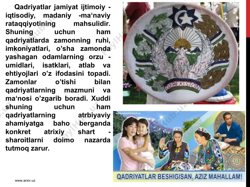 ri bo`lib qolmoqda, degan savol tutiladi. buning birinchi sababi mustaqillik tufayli insonparvar va demokratik jamiyat barpo etish imkoniyati paydo bo`ldi. ana shu imkoniyatni voqyelikka aylantirishda ikkita muhim masalani hal etish zarurati vujudga keladi. ulardan birinchisi — odamlarning ongi va tafakkuridagi mustabid tuzum asoratlaridan, uning g`ayriinsoniy g`oyalaridan, shuningdek yakka mafkurachilik tamoyilidan tozalashdir. bunga eripshshning bir qator yo`nalishlari mavjud. eng muhimi, yangi jamiyatda insonning tub manfaatlariga mos ijtimoiy munosabatlarni shakllantirishdan iboratdir. ikkinchi sababi — insonparvarlik tamoyilida umumbashariy tamoyillar bilan bir qatorda millat tafakkuri, ruhiyati va fikrlash tarzi, qarashlar xilmaxilligi o`zaro uygunlashtiriladi. bu jarayon mamlakatimiz taraqqiyotida barqarorlik xavfsizlik masalalari bilan hamjihatlikda tutashgan holda namoyon bo`ladi. milliy g`oyaning umumbashariy tamoyillari tamoyil deganda esa, narsa - xodisaning mohiyati va namoyon bo’lishiga xos ustuvor hususiyatlar tushuniladi. demak milliy istiqlol g’oyasining asosiy tushuncha va tamoyillari deganda milliy g’oyamizning asosiy qonuniyat holida belgilarini o’zida ask ettiradigan bilim va tasavvurlarini, uning mohiyati va namoyon bo’lishiga xos hususiyatlarni anglaymiz. “milliy …