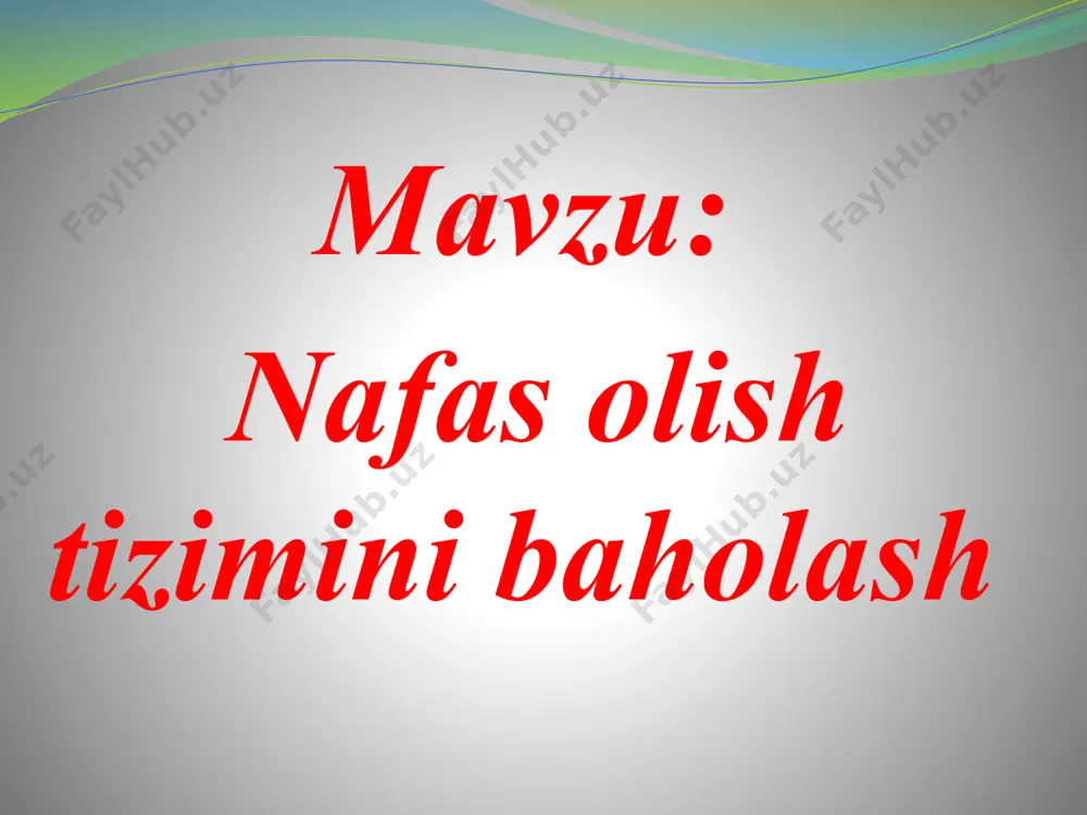 r,kichik bo’laklar,va oxirgi bo’lakchalarda iborat.ushbu bo’laklar to’g’aydan iboratligi uchun havo o’tkazish vazafasini bajaradi nafas daraxti-bular to’g’aydan emas 1 qavat epiteliydan tuzilgan.bronxiolalar nafas bronxchalariga bo’linadi,bular esa alveola naychalariga bo’linadi bulardan esa alveola pufakchalari hosil bo’ladi.bularni tashqi tomondan kapilyrlar chigallari o’rab turadi ularda kislarod kapilyarlarga diffuziya yo’li bilan kapilyarlarga o’tadi, kapilyarlardan esa karbonat angitrit gazi o’tadi va gaz almashinuvi jarayoni yuz beradi. nafas olish a’zolari kasalliklari simptomlari: 1. hansirash 2. qon tuflash 3. yo’tal 4. ko’krak qafasida og’riq 5. balg’am tashlash 6. sianoz нафас тизими касалликларида текшириш усуллари беморларни сўраб-суриштириш. ўпка касалликларидаги беморлар куйидагиларга шикоят киладилар: нафас кисиши, йўтал, балгам ташлаш, кон туфлаш ва огриклар. бир канча патологик холларда нафас мароми (ритми) сони ва чукурлиги ўзгаради, бемор тез-тез нафас олади, бирдан ўзига хаво етмаётганидек, нафас кисиб, хансирай бошлайди. хансираш (dyspnoe) ўз хусусиятига кўра 3 хил бўлади: инспиратор, экспиратор ва аралаш тур. хансираш турлари: инспиратор хансирашда нафас олиш кийинлашади. бу хол кўпинча бурун …