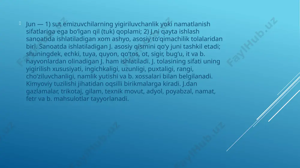 ngi koʻpincha oq rangda. yarim dagʻal j. — bir turli boʻlmagan, tivit tolalardan, oraliq qil va oz miqdorda ingichka oʻzak tolalardan iborat. /docprops/thumbnail.jpeg