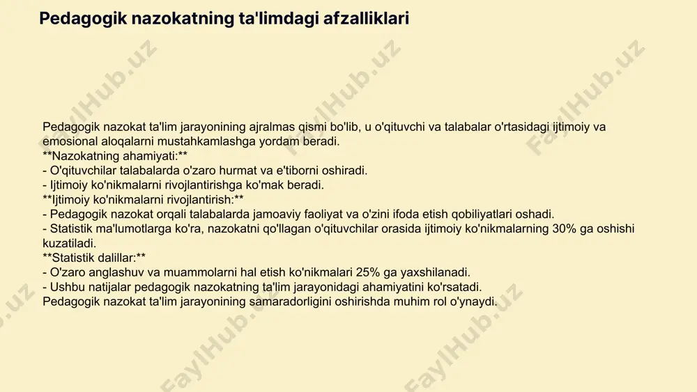 o'rtasidagi munosabatlarni mustahkamlab, ta'lim samaradorligini oshiradi. 2. o'zaro hurmat va etika tamoyillari ta'lim muhitini ijobiy qiladi. 3. pedagogik nazokat ijtimoiy va emosional ko'nikmalarni rivojlantirishda muhim rol o'ynaydi, bu esa talabalar o'rtasida yaxshi muhit yaratadi. 4. zamonaviy pedagogik usullar va texnologiyalar pedagogik nazokatni rivojlantirishda qo'llanilishi zarur. 5. o'qituvchilarning nazokatli muloqot usullari ta'lim sifatini oshirishga yordam beradi. ushbu xulosalar pedagogik nazokat va odob-axloqning ta'lim jarayonidagi ahamiyatini yanada kuchaytiradi. e'tiboringiz uchun rahmat! designed by slides carnival image1.png image2.png image4.png image13.jpg image5.png image12.png