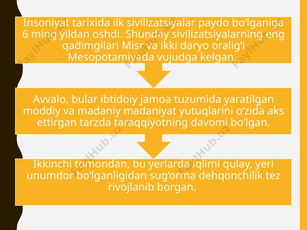 li 365, oy yili 354 kunligini aniqlab, shu asosda astro-nomiya taqvimini tuzganlar. qadimgi davrning eng cho‘qqiga chiqqan vaqti podsho xammurapi (1750-1732) hukmronlik qilgan yillarga to‘g‘ri keladi. xammurapi yirik davlat tuzib, bu davlatni o‘zi tuzgan qonunlar asosida boshqargan. xam-murapi to‘plami mixxat yozuvida bazalt tosh ustuni sathida bitilgan. qo-nunlar to‘plami 282 moddadan iborat bo‘lib, u kirish, qonunlar va xulo-sadan iborat. kirish qismida qonunlarni chiqarishdan asosiy maqsad mam-lakatda adolat o‘rnatishdan iborat, deb ko‘rsatilgan. unda podsho ulug‘-lanib, ko‘klarga ko‘tarilgan. qonunlarda xususiy mulk himoya qilingan. jumladan: agar kimki ibodatxonaning yoki podshoning mulkini o‘g‘irlasa, u o‘ldirilishi lozim; o‘g‘irlik molni olgan kishi ham o‘ldirilishi kerak… xammurapi qonunlari o‘z davrining muhim tarixiy, yuridik hujjati hisob-lanadi. balandligi 2 m bazalt ustunida xammurapining tik turgan holida kursida o‘tirgan quyosh va adolat xudosi xamash qo‘lidan hokimiyat bel-gisi – tayoqni olayotgan holati tasvirlangan. bu jihatdan u tasviriy monu-mental asar hamdir. qadimgi hindiston madaniyati hindiston haqli ravishda qadimgi sharqning yuksak madaniyatli mam-lakatlaridan biridir. …